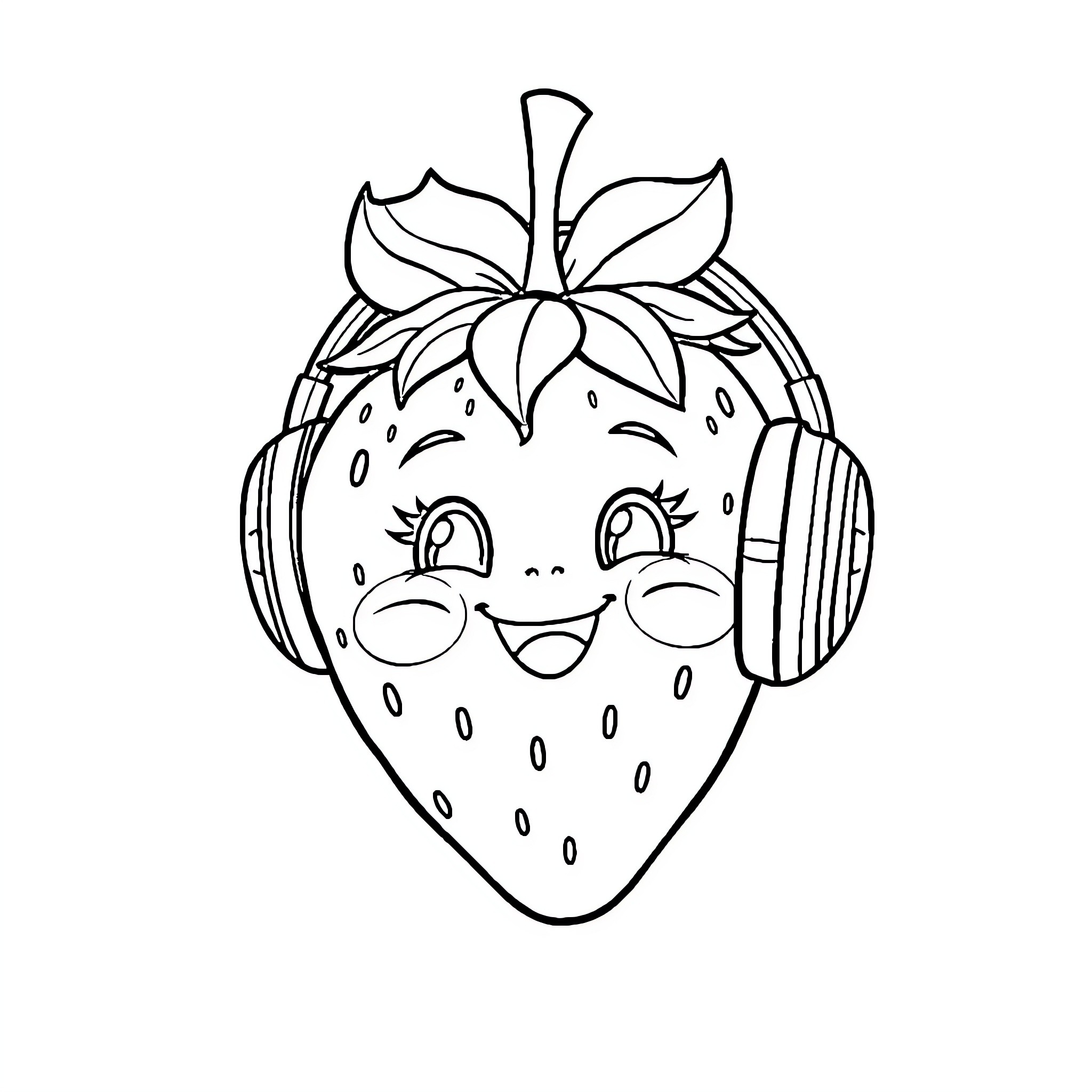 Strawberry wearing headphones and smiling Coloring Page (free black-and-white line drawing printable PDF for all, from beginners to advanced learners, including children, teens, adults, and seniors)