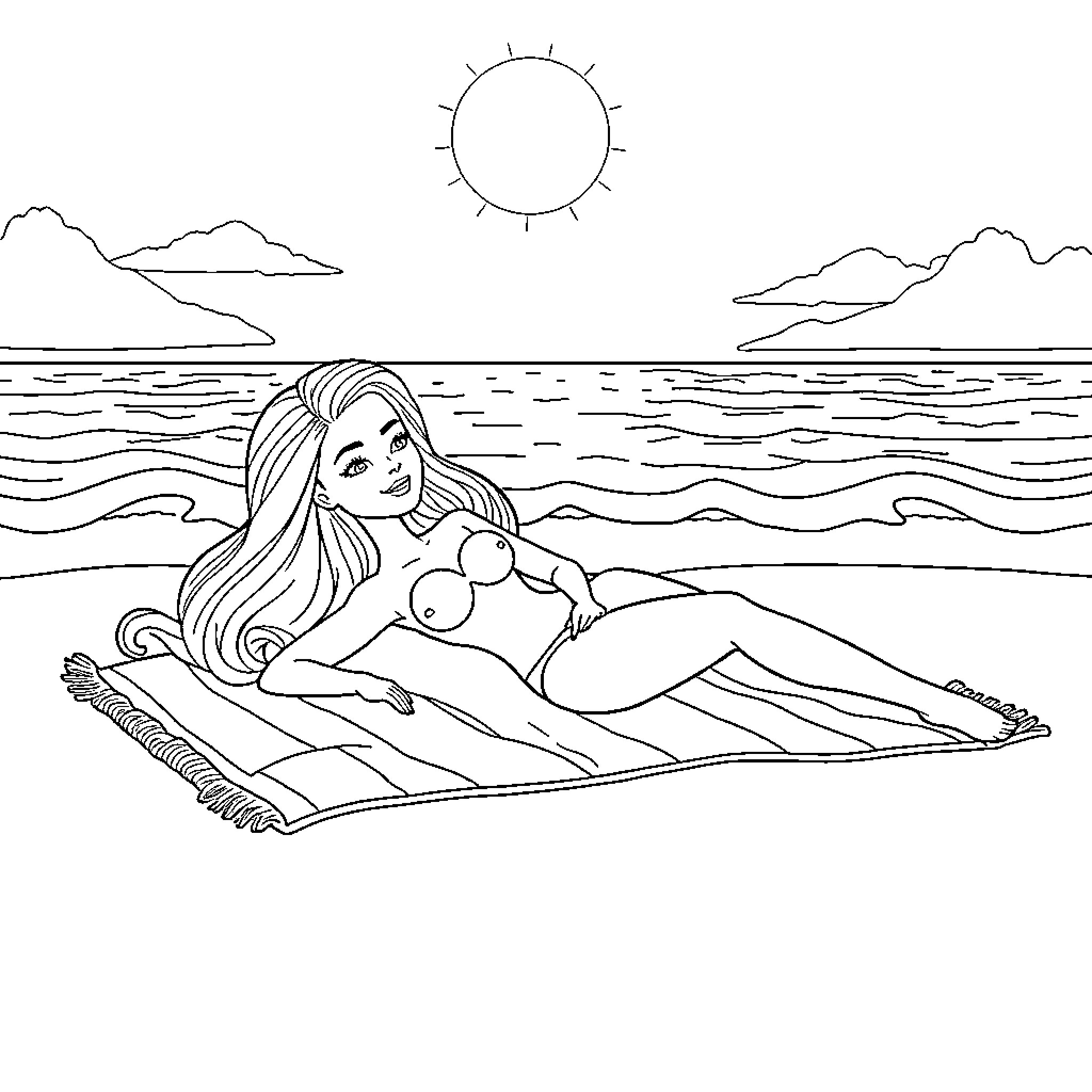Barbie relaxing on the beach under the sun Coloring Page (free black-and-white line drawing printable PDF for all, from beginners to advanced learners, including children, teens, adults, and seniors)