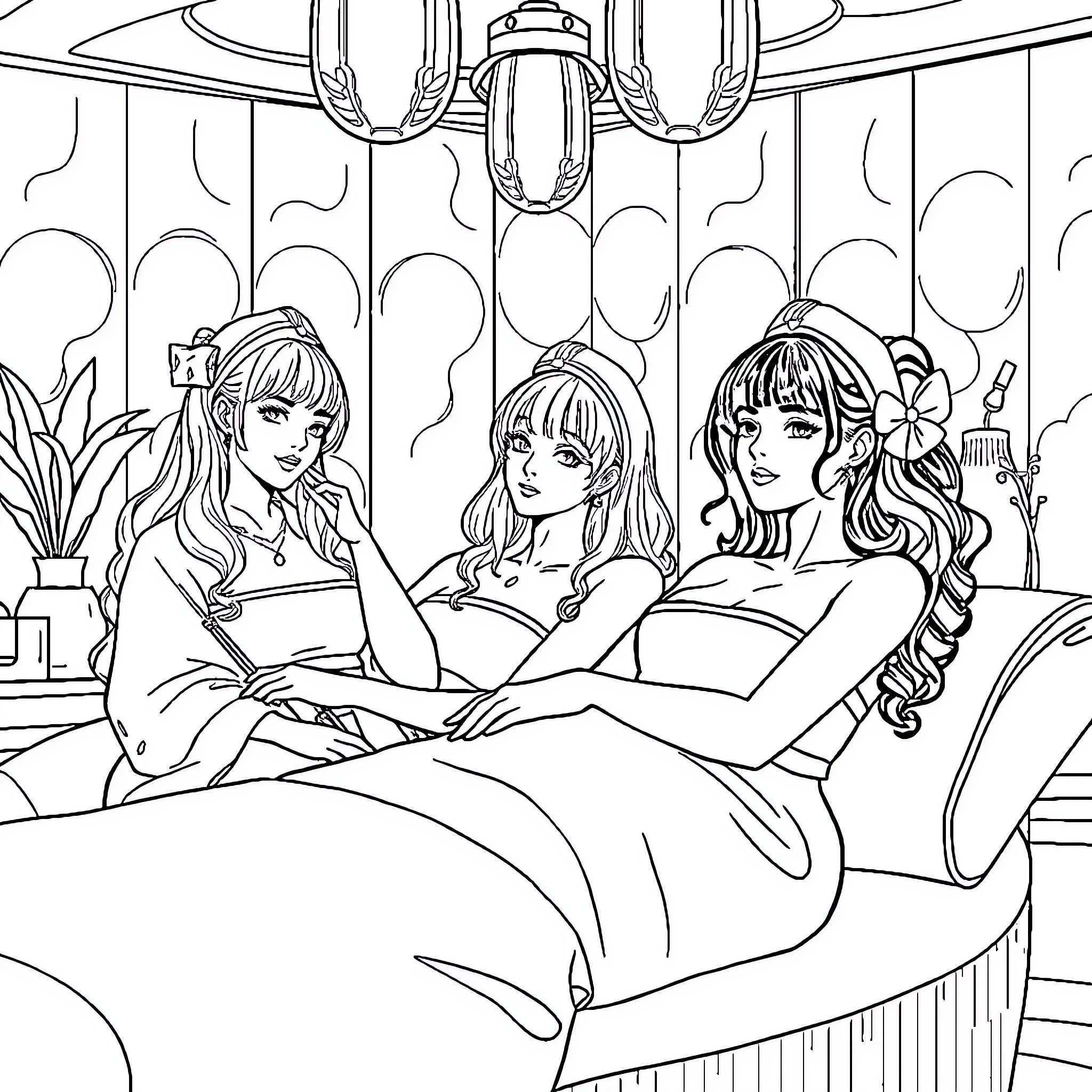 Kpop Idols Relaxing in Luxurious Spa Setting Coloring Page (free black-and-white line drawing printable PDF for all, from beginners to advanced learners, including children, teens, adults, and seniors)