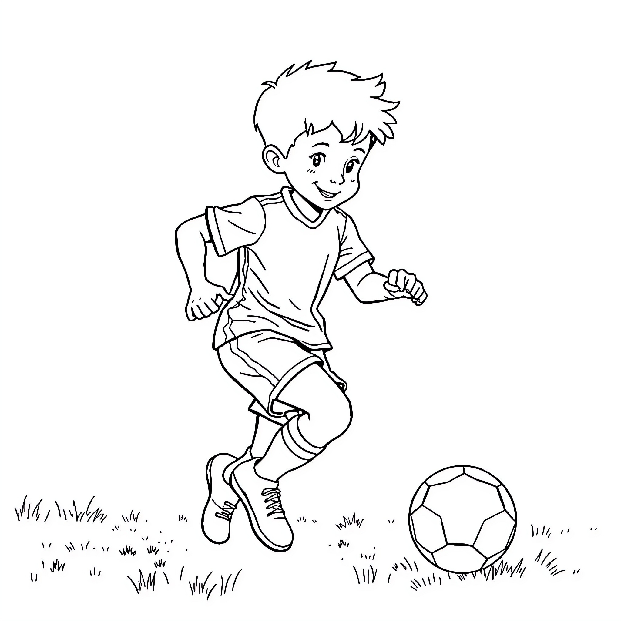 Foot Player Enjoying Soccer on Grassy Field Coloring Page (free black-and-white line drawing printable PDF for all, from beginners to advanced learners, including children, teens, adults, and seniors)