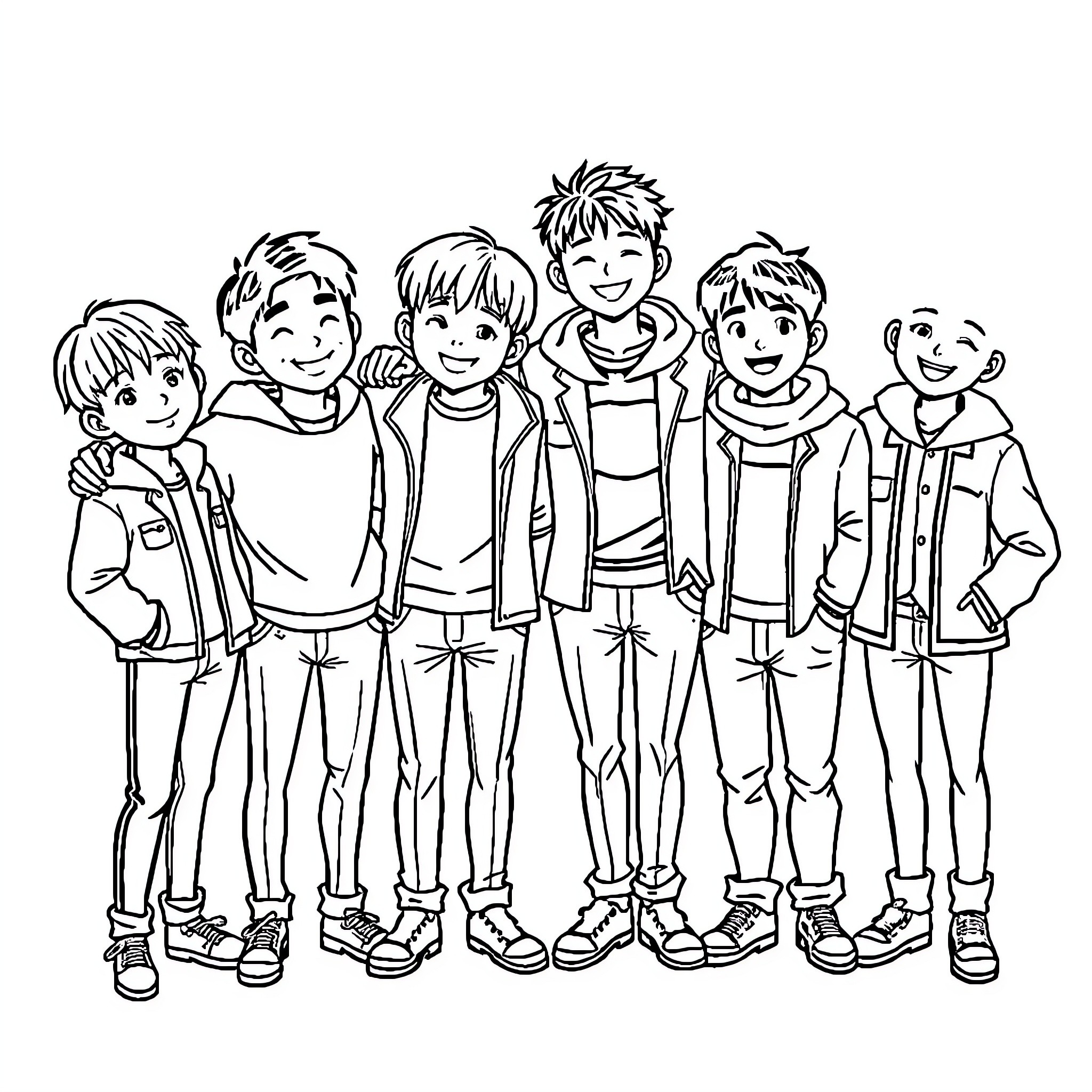 Jimin and His Friends in Casual Attire Coloring Page (free black-and-white line drawing printable PDF for all, from beginners to advanced learners, including children, teens, adults, and seniors)