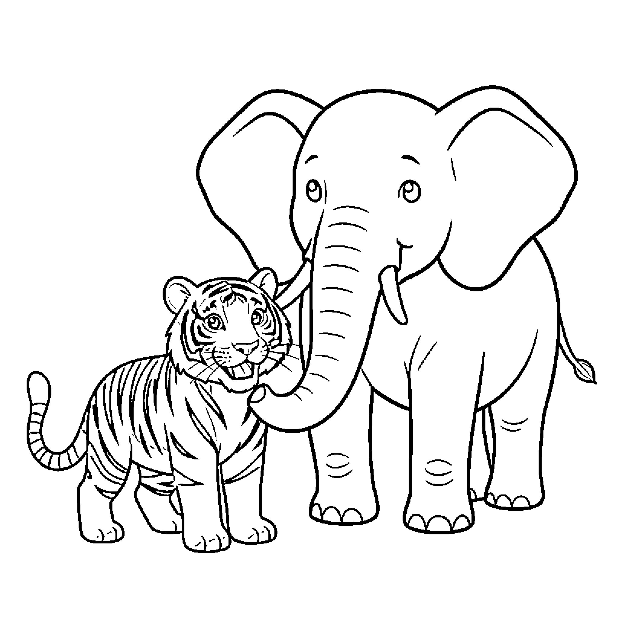 Tiger and Elephant Playing Together Coloring Page (free black-and-white line drawing printable PDF for all, from beginners to advanced learners, including children, teens, adults, and seniors)
