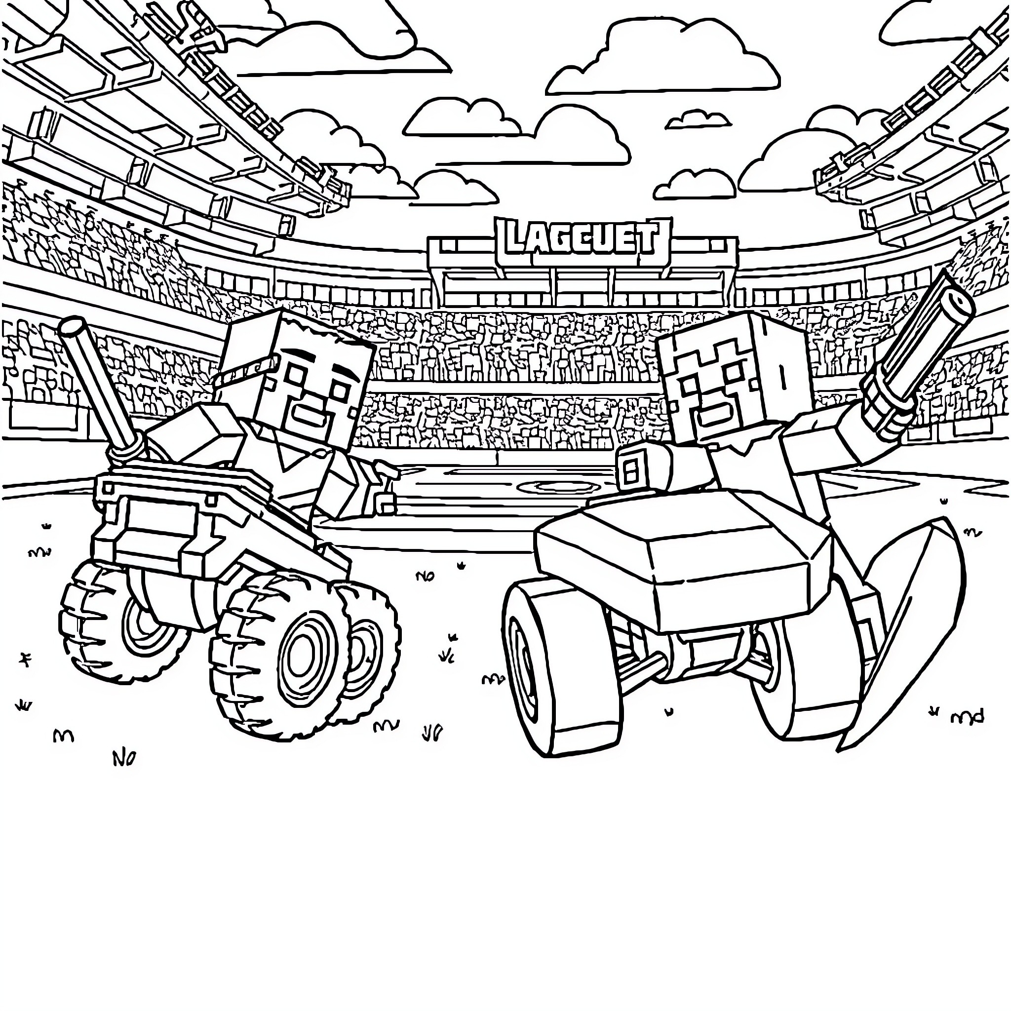 Minecraft Monster Trucks Racing in Stadium Coloring Page (free black-and-white line drawing printable PDF for all, from beginners to advanced learners, including children, teens, adults, and seniors)