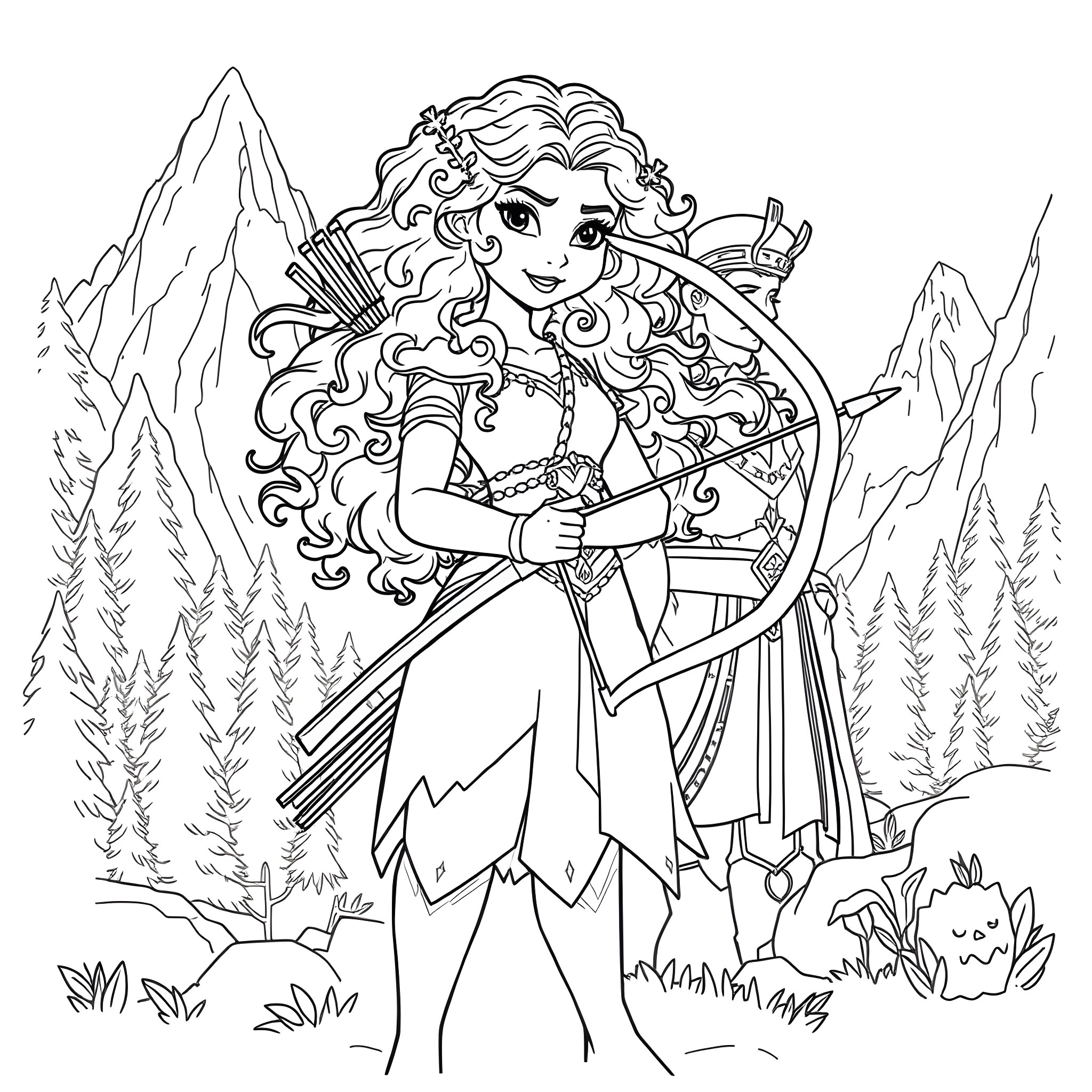 Merida the Skilled Archer in the Enchanted Forest Coloring Page (free black-and-white line drawing printable PDF for all, from beginners to advanced learners, including children, teens, adults, and seniors)