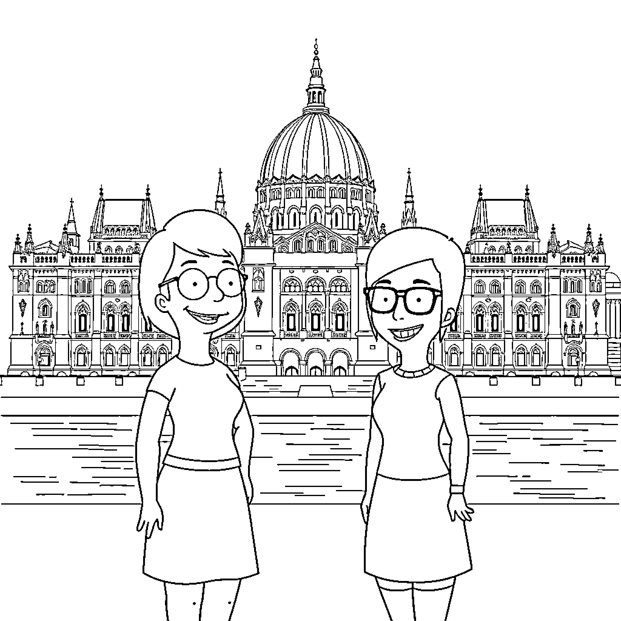 Louise and Friend Explore the City Coloring Page (free black-and-white line drawing printable PDF for all, from beginners to advanced learners, including children, teens, adults, and seniors)