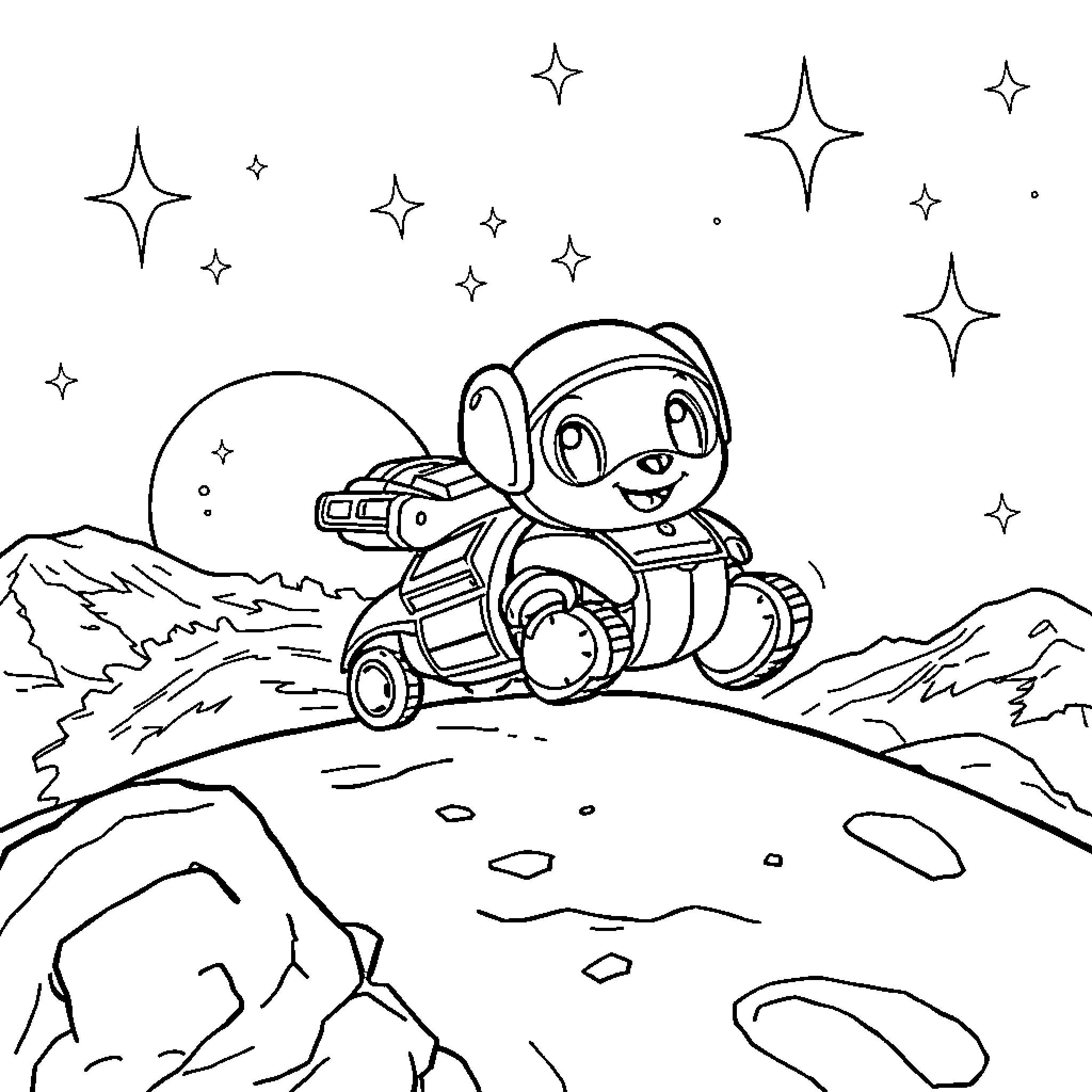 Paw Patrol Puppy Exploring Outer Space Coloring Page (free black-and-white line drawing printable PDF for all, from beginners to advanced learners, including children, teens, adults, and seniors)