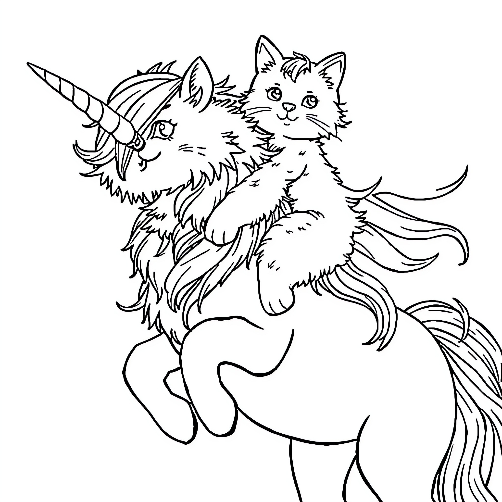 Cat Riding a Unicorn Coloring Page (free black-and-white line drawing printable PDF for all, from beginners to advanced learners, including children, teens, adults, and seniors)