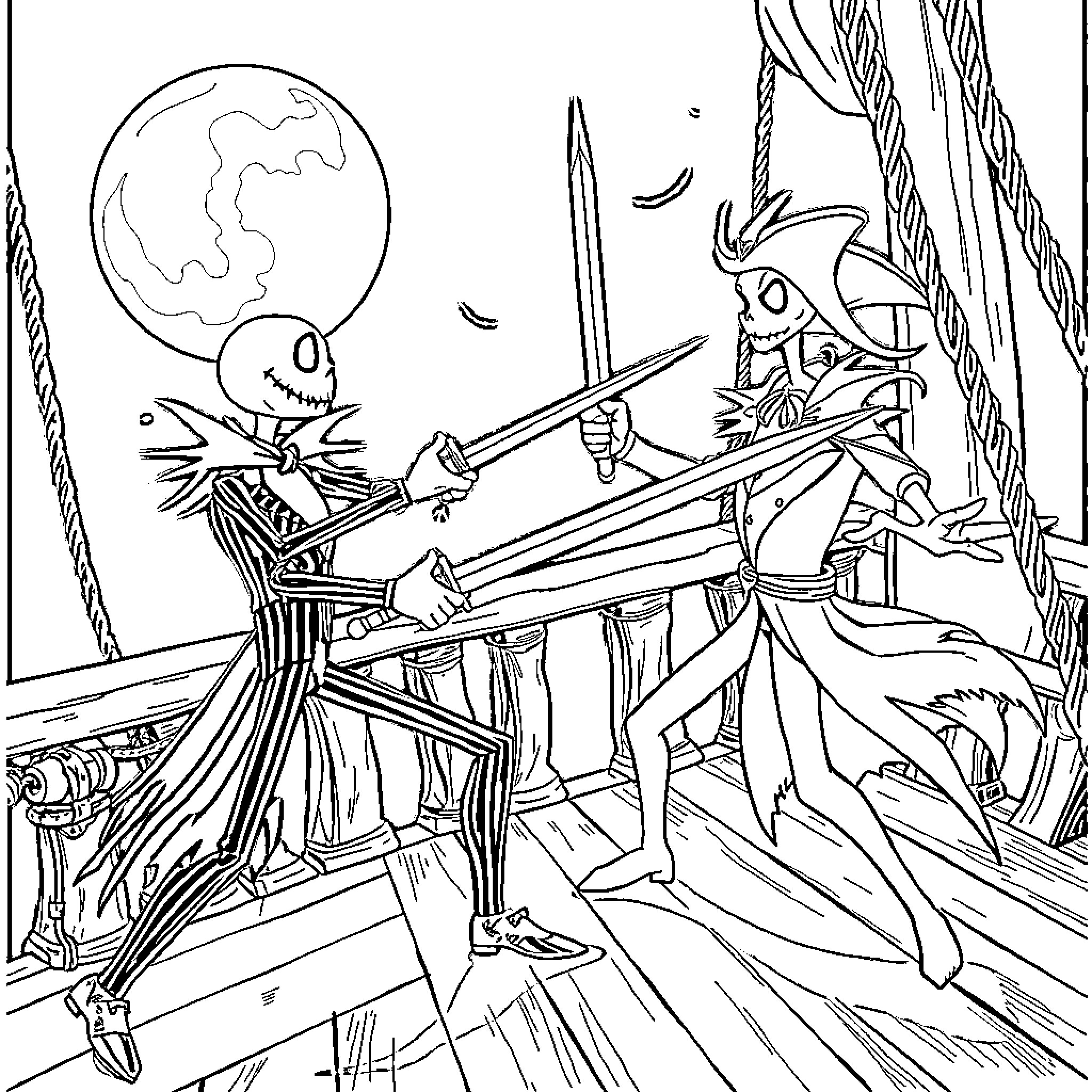 Jack Skellington commanding a pirate ship on a moonlit voyage Coloring Page (free black-and-white line drawing printable PDF for all, from beginners to advanced learners, including children, teens, adults, and seniors)