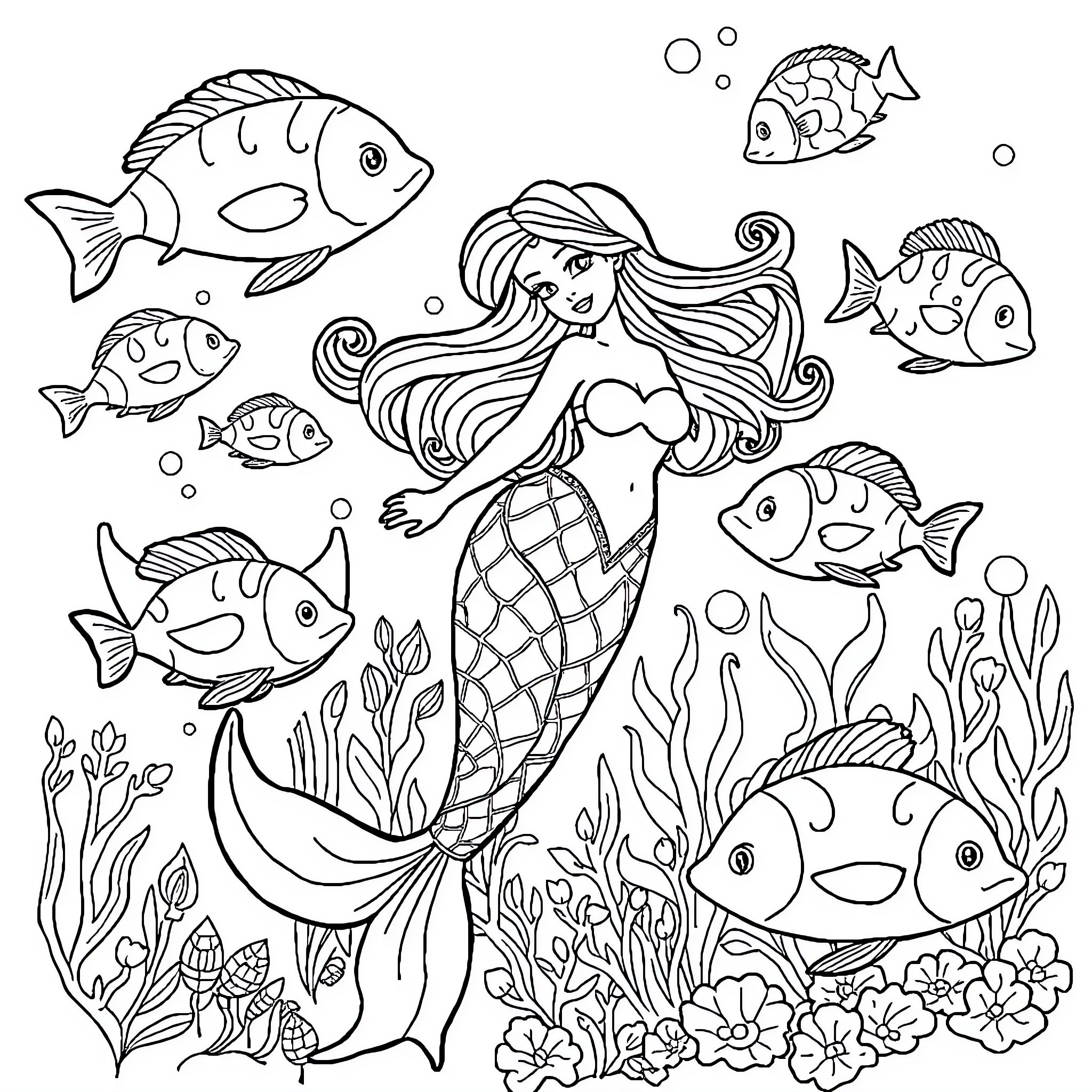 Mermaid surrounded by vibrant marine life Coloring Page (free black-and-white line drawing printable PDF for all, from beginners to advanced learners, including children, teens, adults, and seniors)