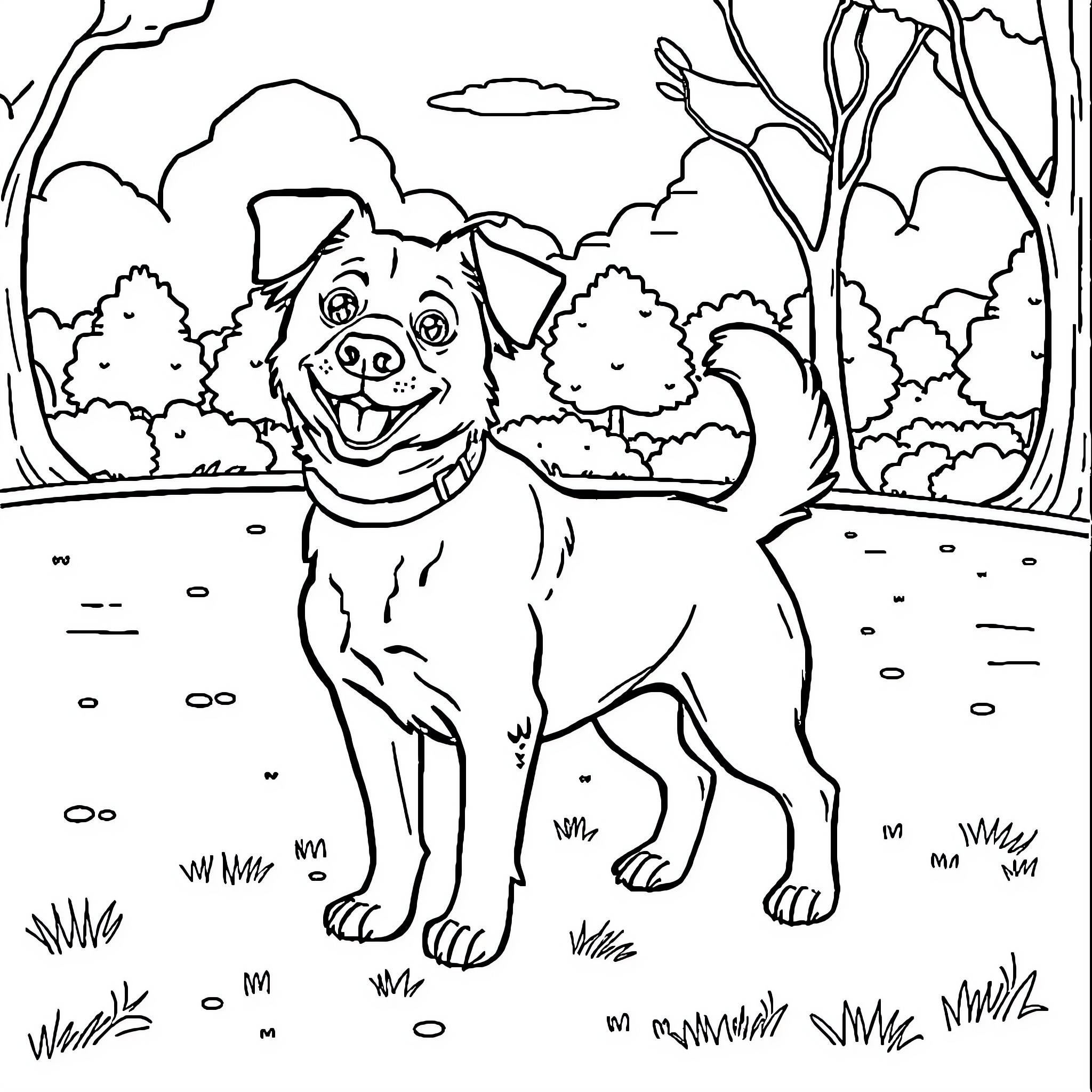 Dog happily exploring outdoor scene Coloring Page (free black-and-white line drawing printable PDF for all, from beginners to advanced learners, including children, teens, adults, and seniors)