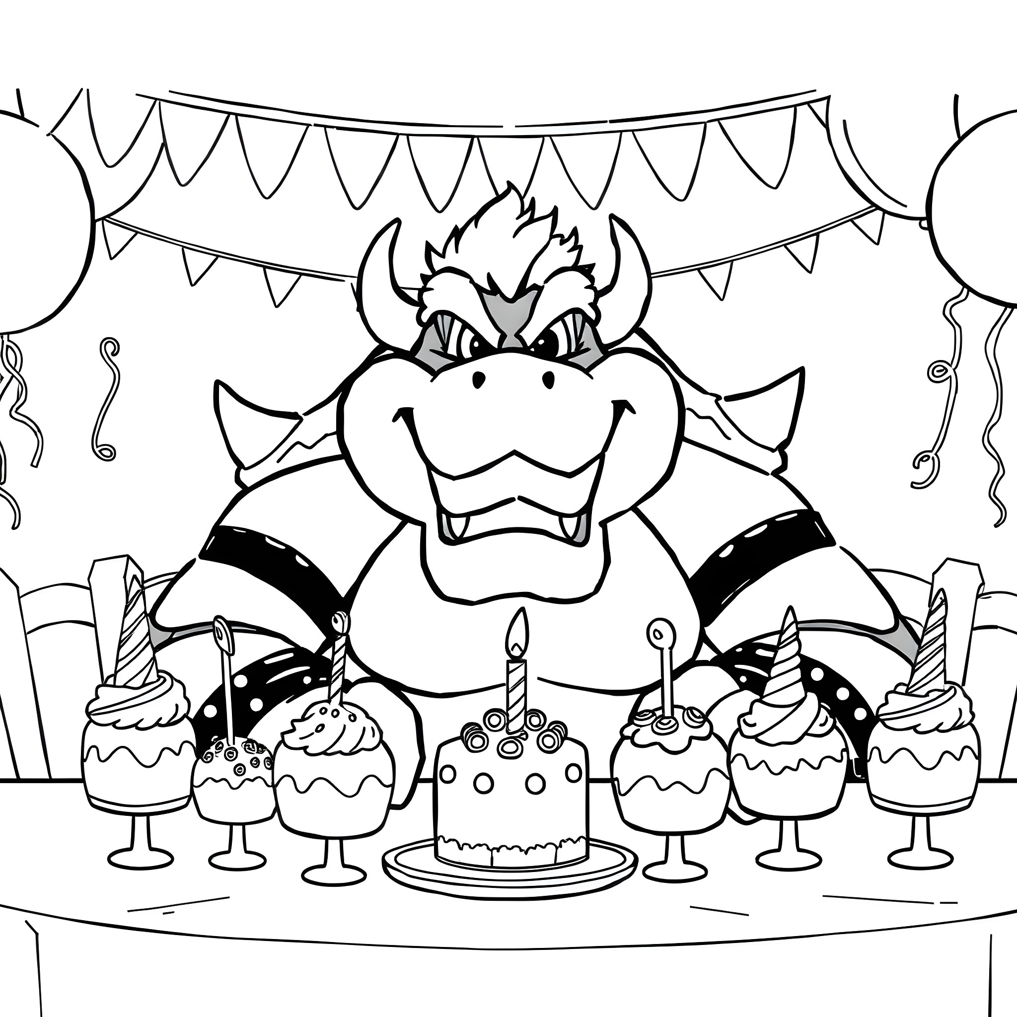 Bowser's Birthday Party Coloring Page (free black-and-white line drawing printable PDF for all, from beginners to advanced learners, including children, teens, adults, and seniors)