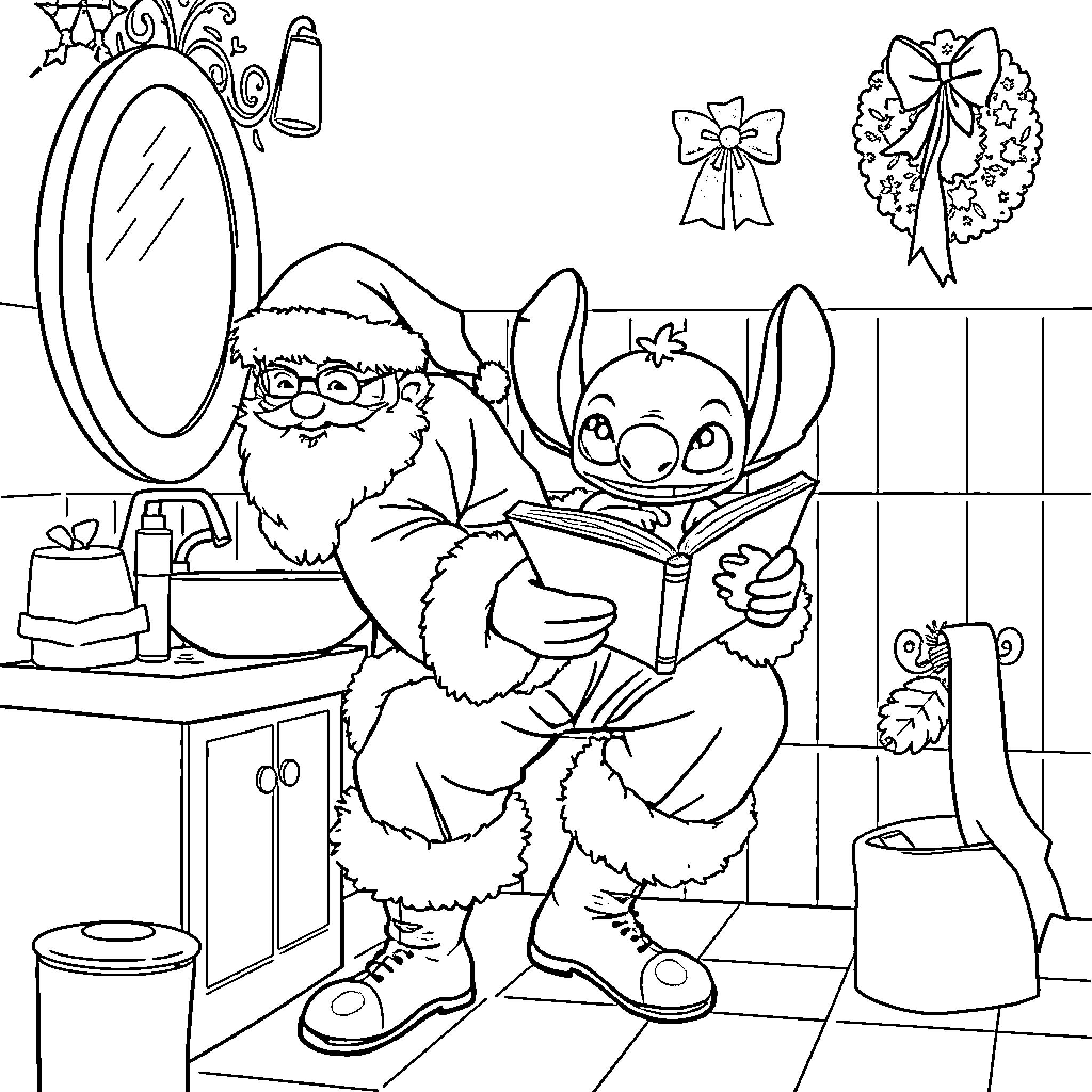 Père Noël and Stitch reading together in the bathroom Coloring Page (free black-and-white line drawing printable PDF for all, from beginners to advanced learners, including children, teens, adults, and seniors)