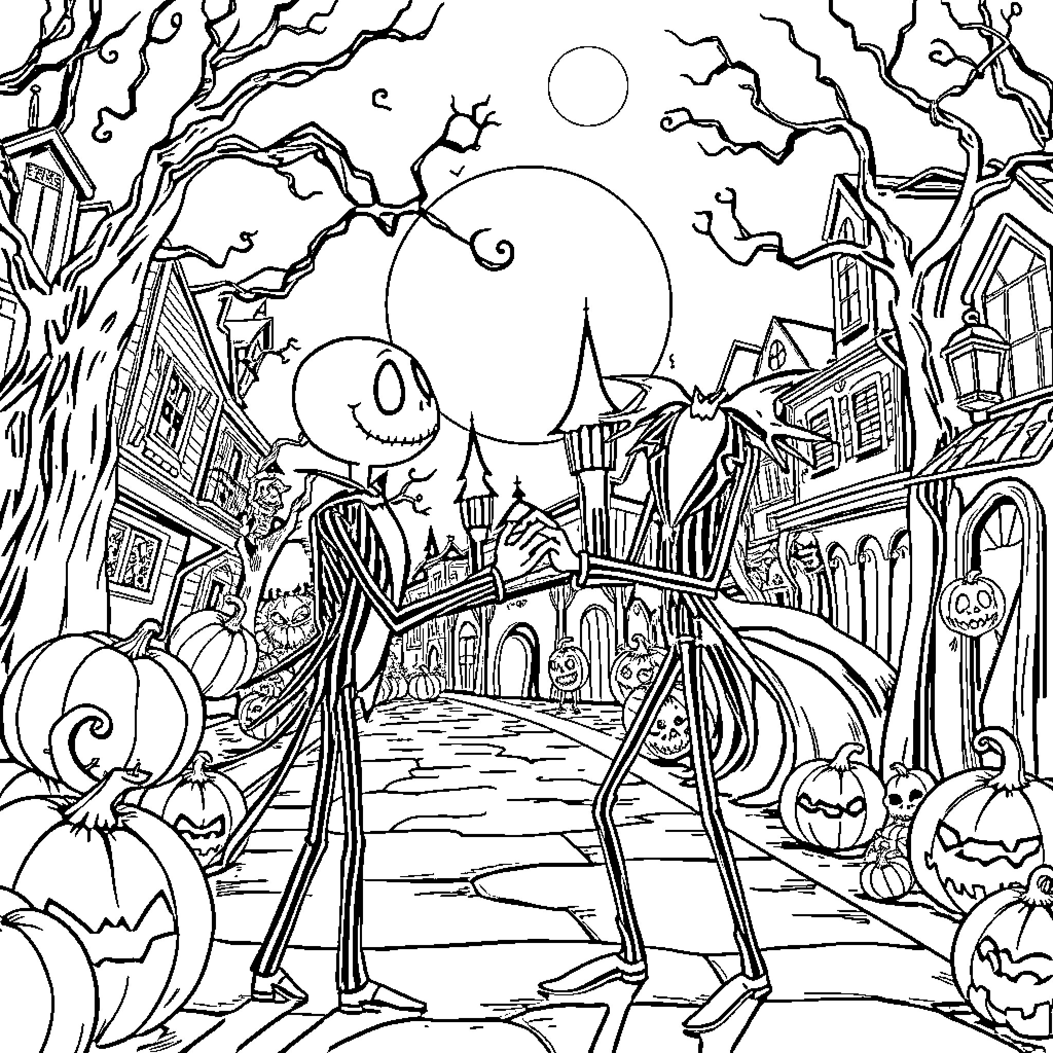 Jack Skellington's Haunted Halloween Town Adventure Coloring Page (free black-and-white line drawing printable PDF for all, from beginners to advanced learners, including children, teens, adults, and seniors)