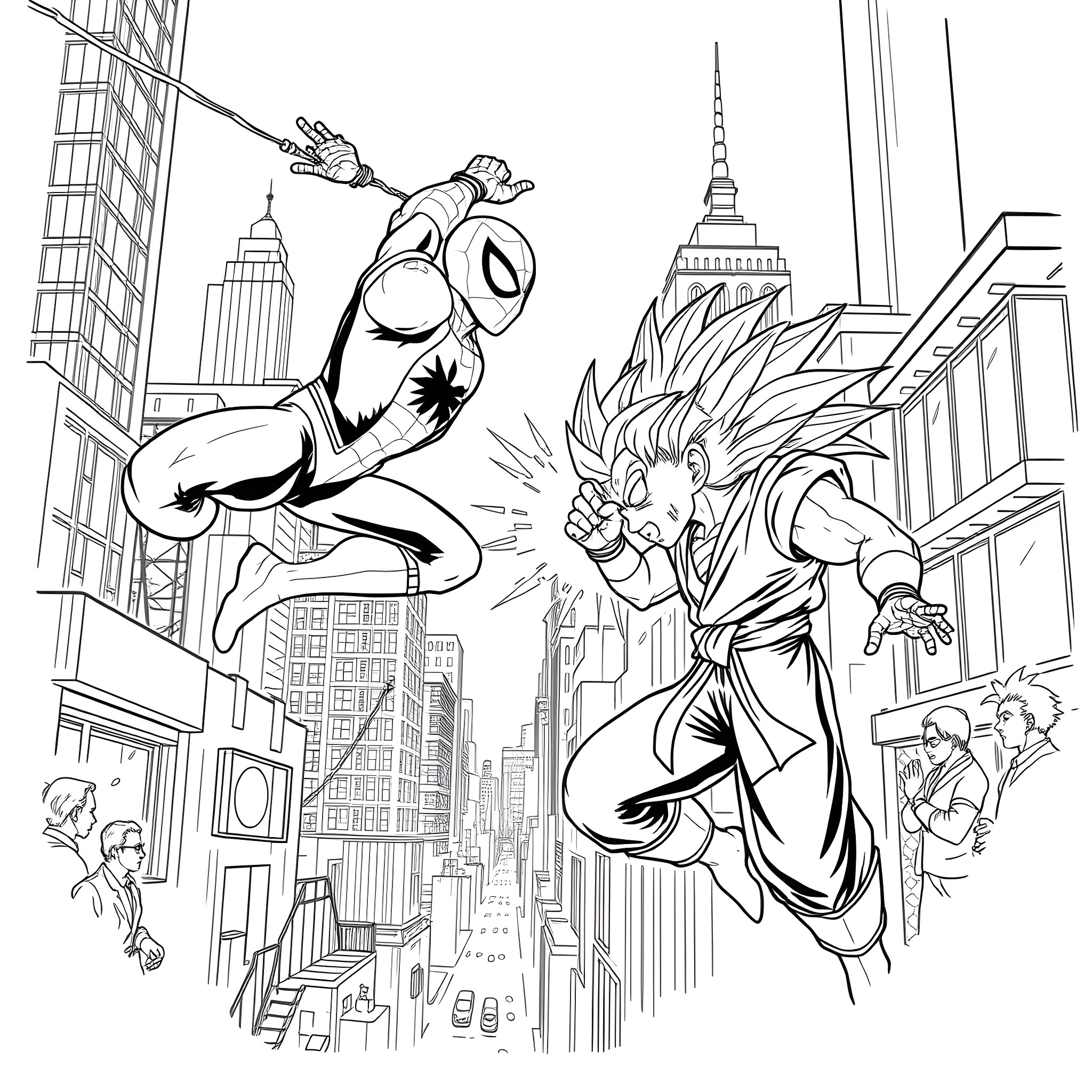 Spider-Man battles villain in New York City Coloring Page (free black-and-white line drawing printable PDF for all, from beginners to advanced learners, including children, teens, adults, and seniors)