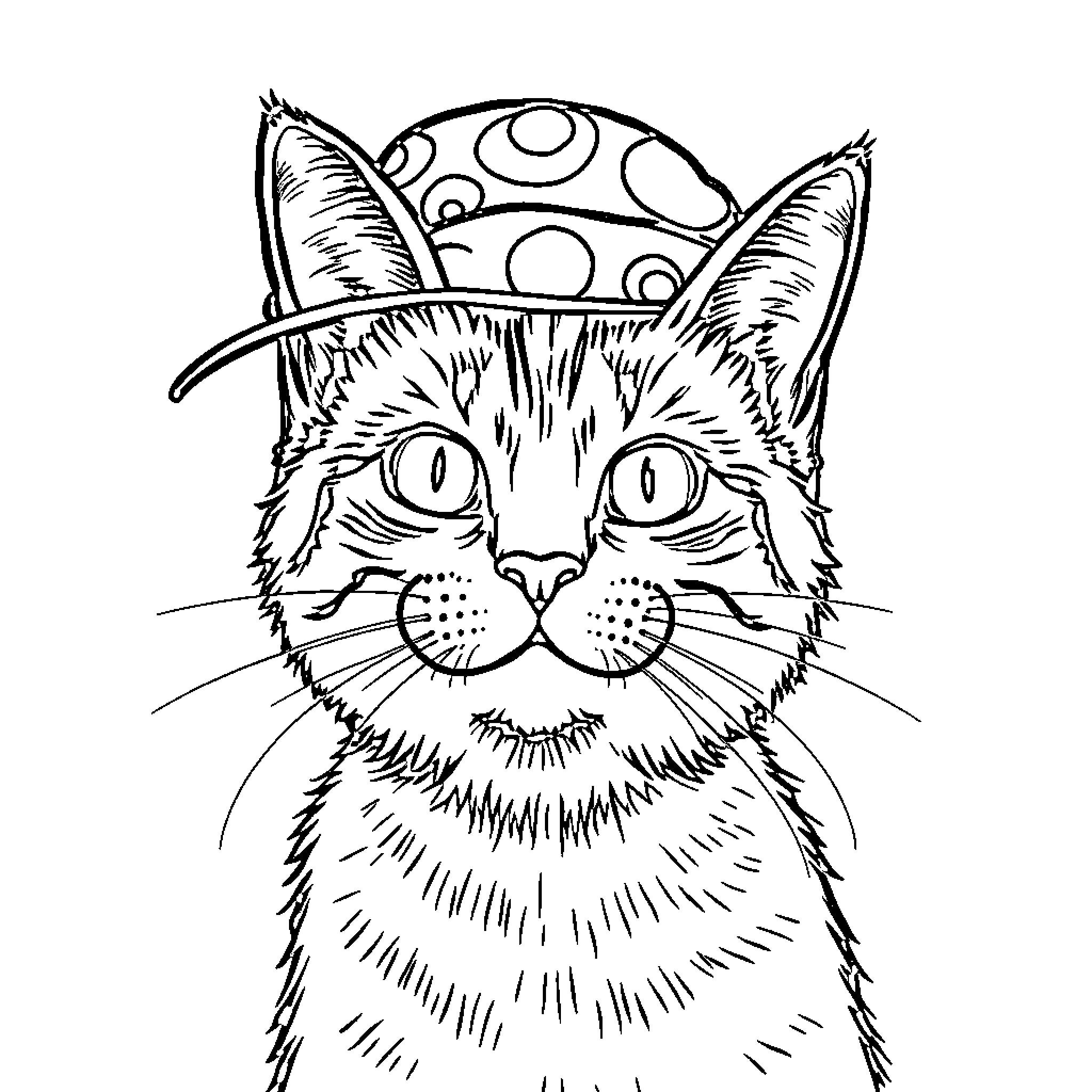 Cat with Whimsical Hat Coloring Page (free black-and-white line drawing printable PDF for all, from beginners to advanced learners, including children, teens, adults, and seniors)