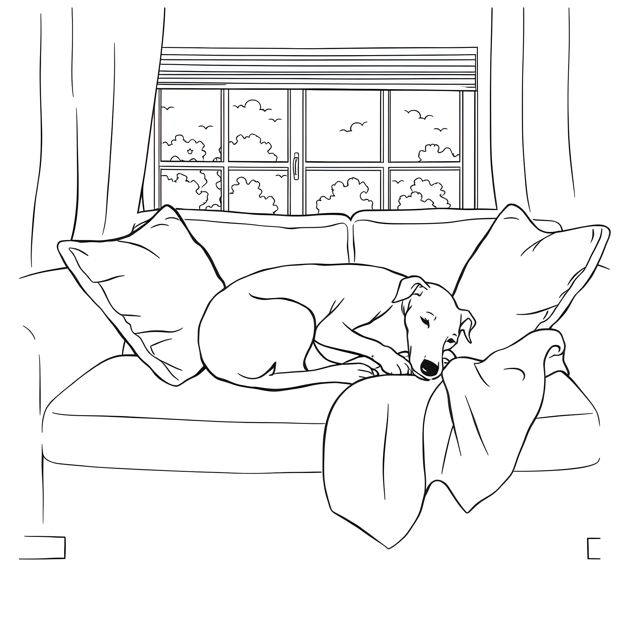 Whippet resting peacefully on a cozy couch Coloring Page (free black-and-white line drawing printable PDF for all, from beginners to advanced learners, including children, teens, adults, and seniors)