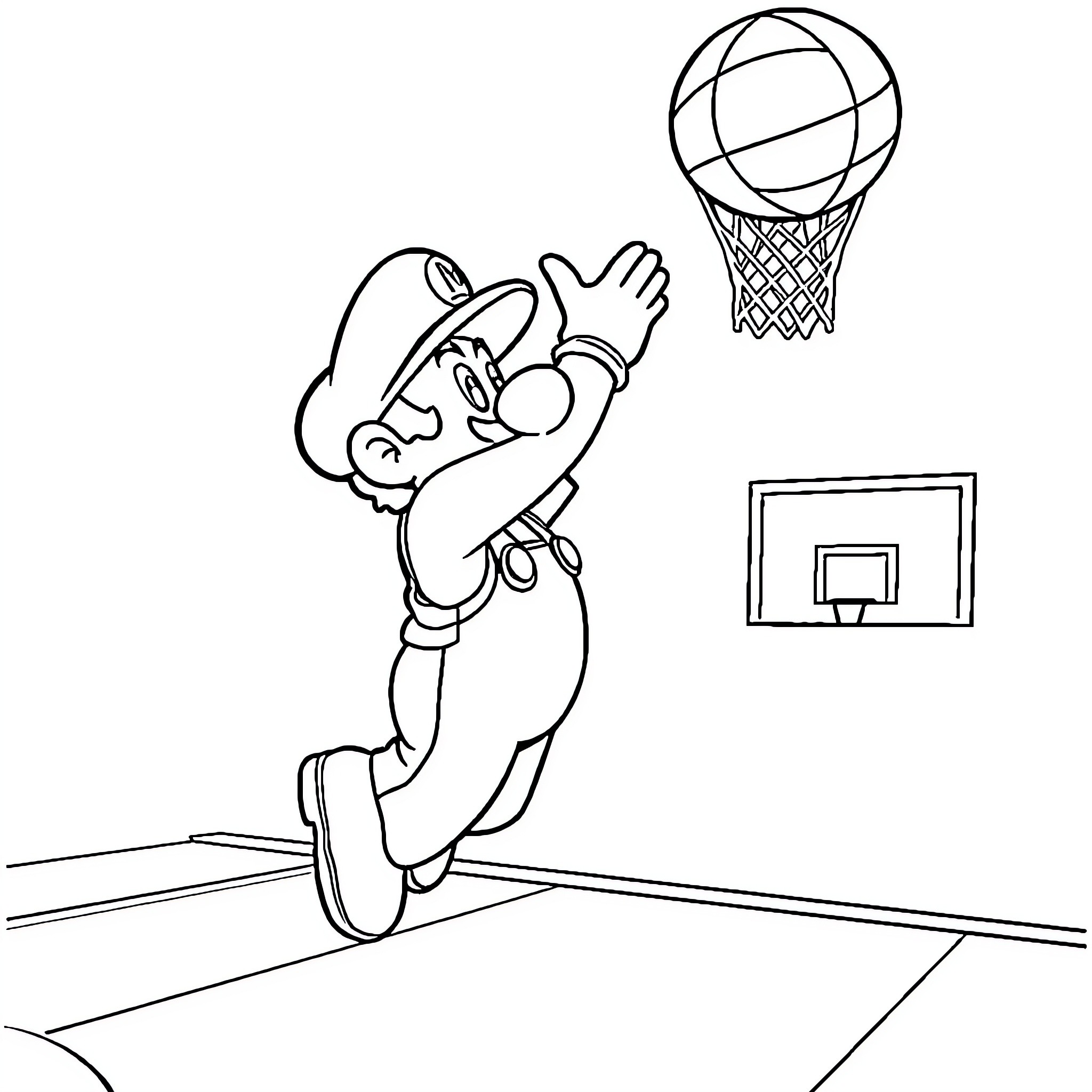 Super Mario dunking a basketball in the hoop Coloring Page (free black-and-white line drawing printable PDF for all, from beginners to advanced learners, including children, teens, adults, and seniors)