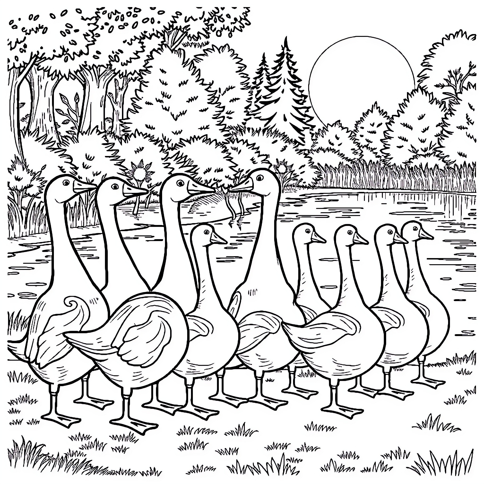 Goose Family Waddling in the Peaceful Woodland Coloring Page (free black-and-white line drawing printable PDF for all, from beginners to advanced learners, including children, teens, adults, and seniors)