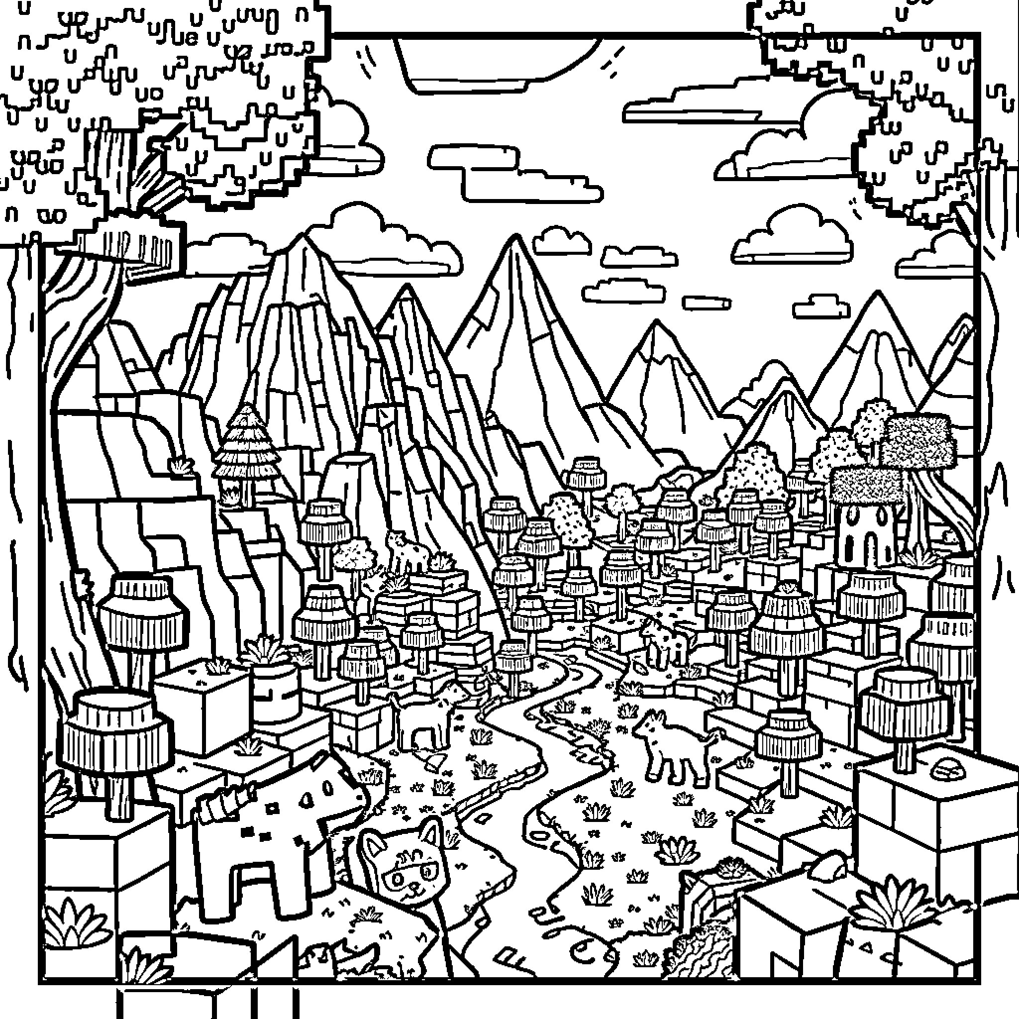 Minecraft Cityscape with Mountainous Landscape Coloring Page (free black-and-white line drawing printable PDF for all, from beginners to advanced learners, including children, teens, adults, and seniors)