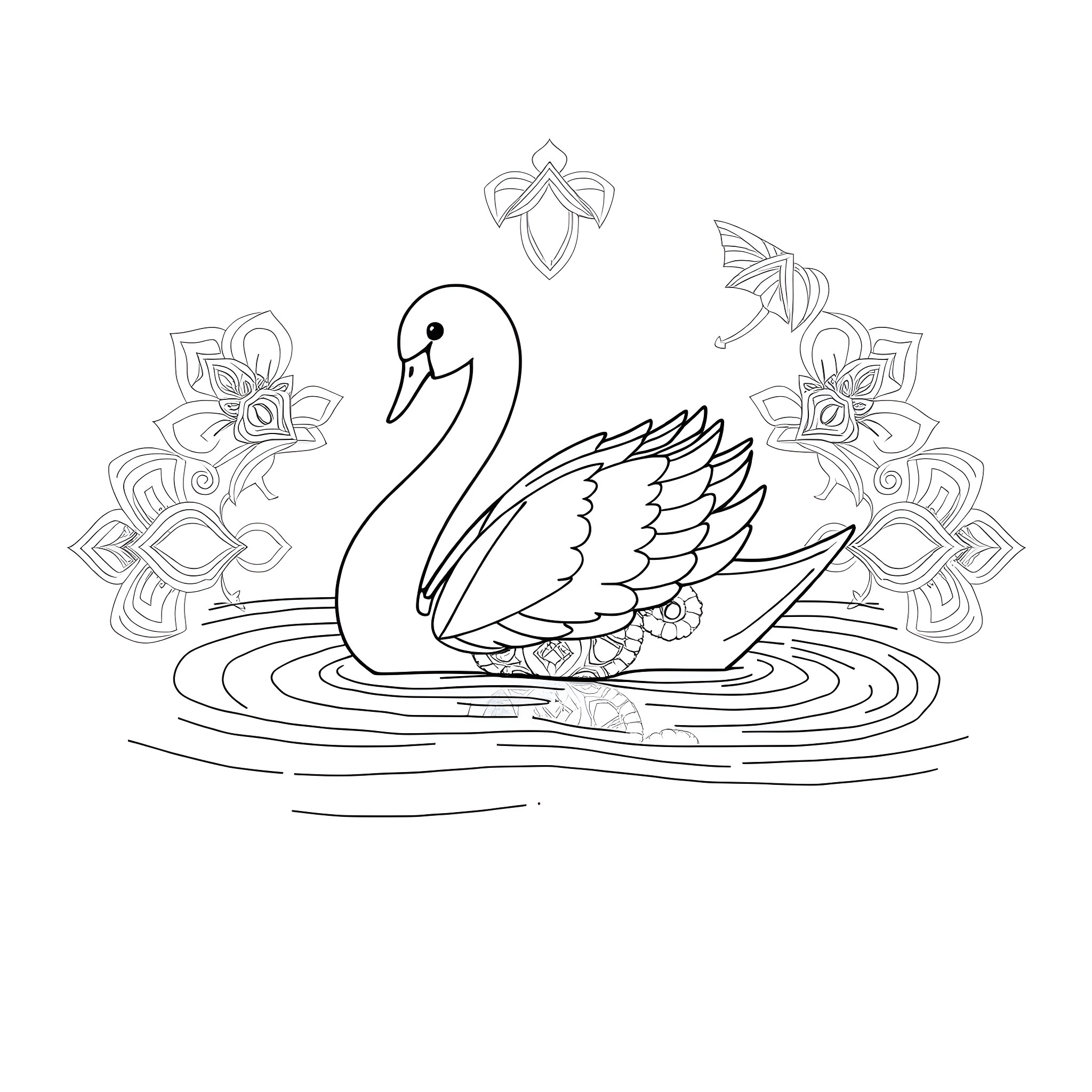 Swan gracefully swimming amidst floral designs Coloring Page (free black-and-white line drawing printable PDF for all, from beginners to advanced learners, including children, teens, adults, and seniors)