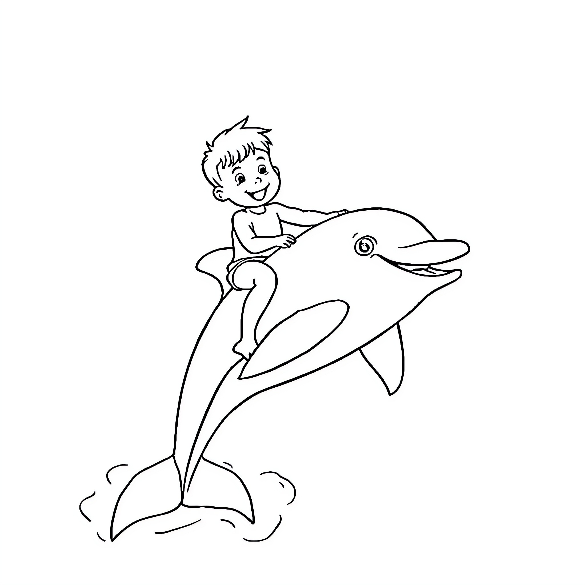 Boy playing joyfully with a dolphin in the water Coloring Page (free black-and-white line drawing printable PDF for all, from beginners to advanced learners, including children, teens, adults, and seniors)