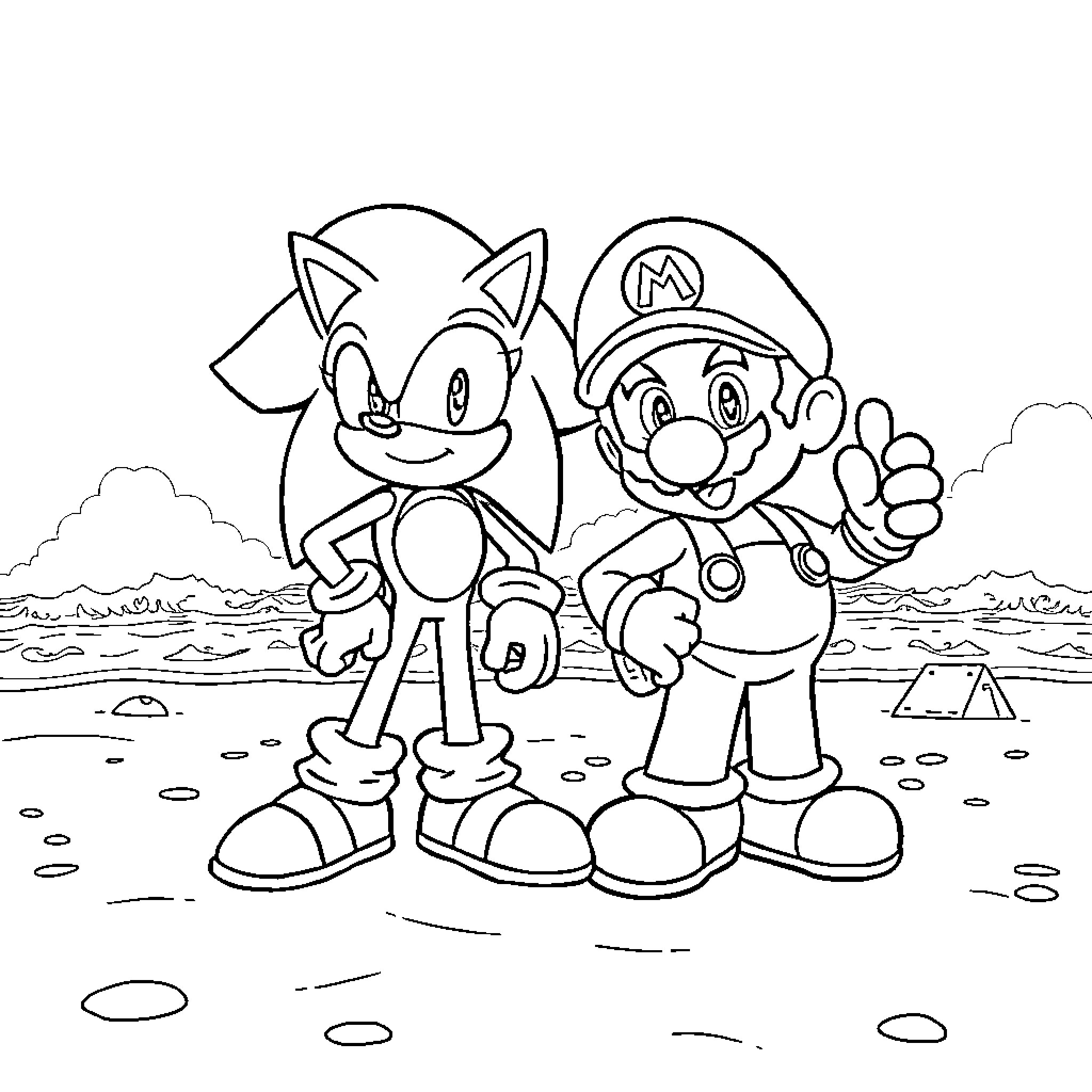 Sonic and Mario Adventure in the Outdoors Coloring Page (free black-and-white line drawing printable PDF for all, from beginners to advanced learners, including children, teens, adults, and seniors)