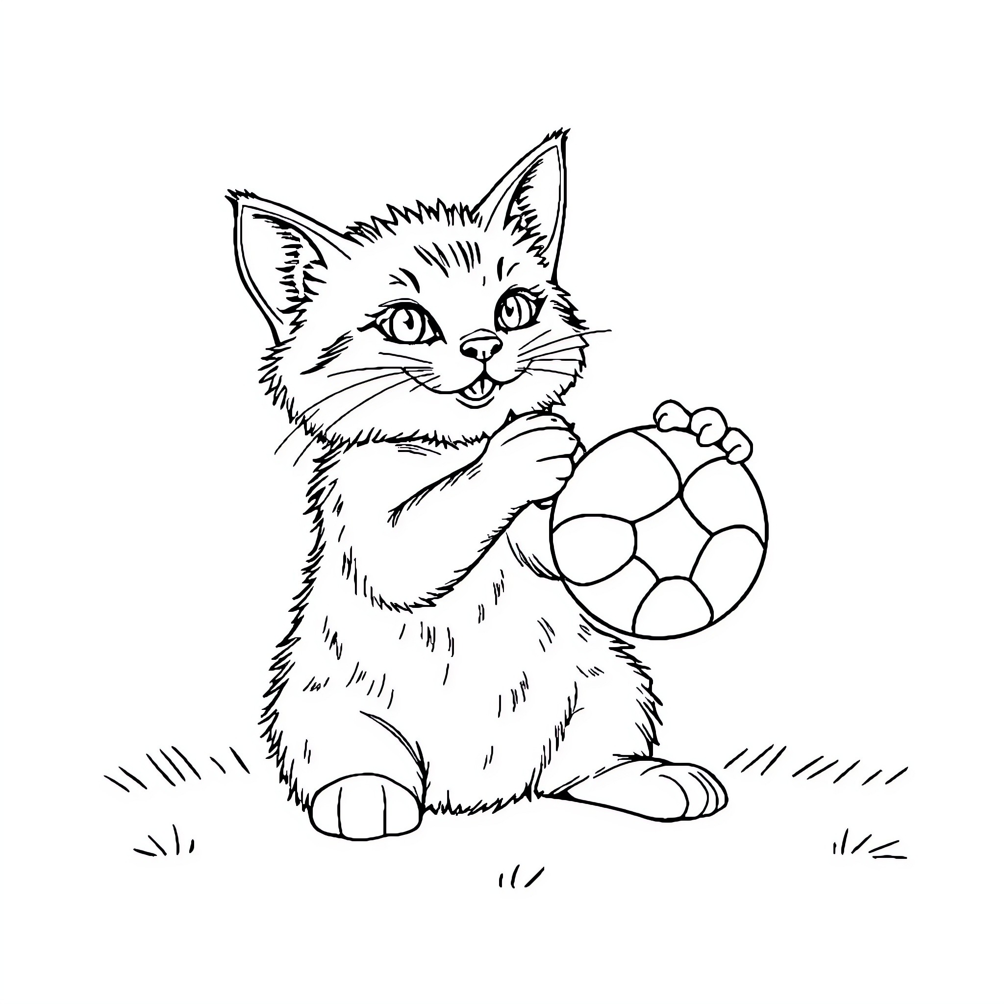 Cat playing with ball on grass Coloring Page (free black-and-white line drawing printable PDF for all, from beginners to advanced learners, including children, teens, adults, and seniors)