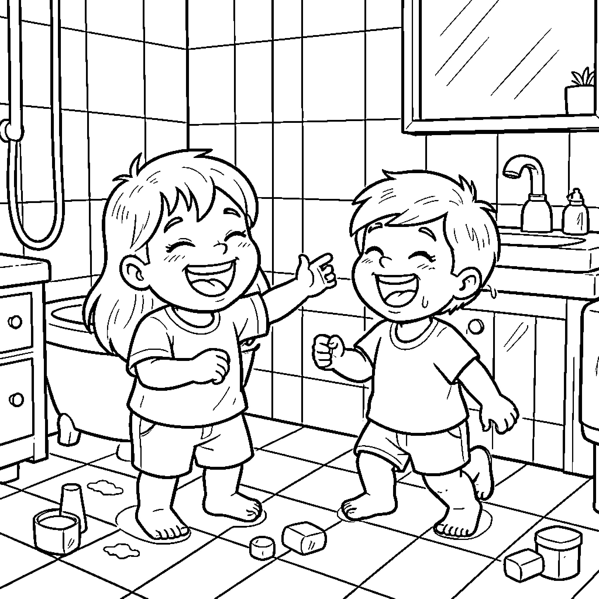 Tic et Tac laughing while playing in the bathroom Coloring Page (free black-and-white line drawing printable PDF for all, from beginners to advanced learners, including children, teens, adults, and seniors)