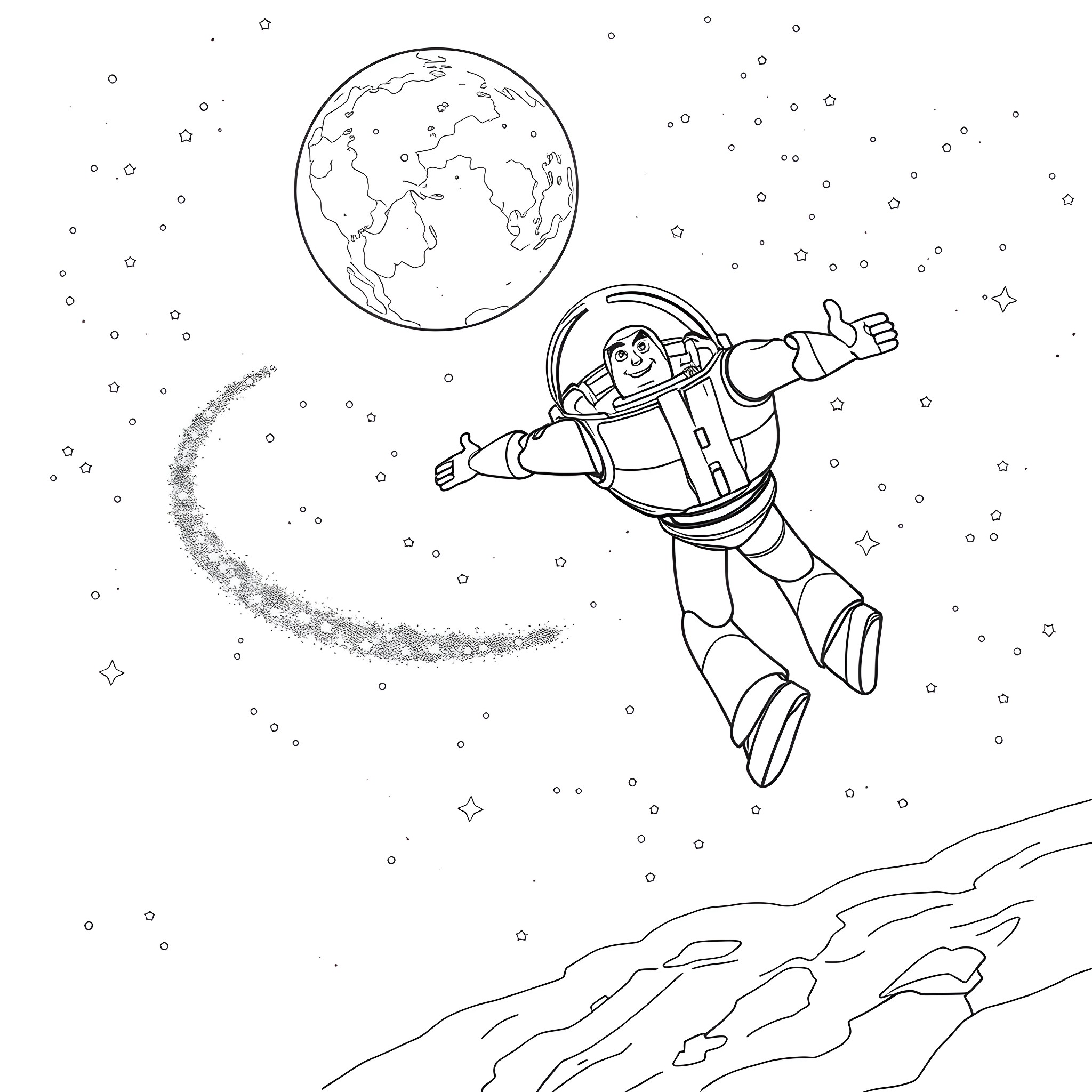 Buzz Lightyear flying through space on a mission Coloring Page (free black-and-white line drawing printable PDF for all, from beginners to advanced learners, including children, teens, adults, and seniors)