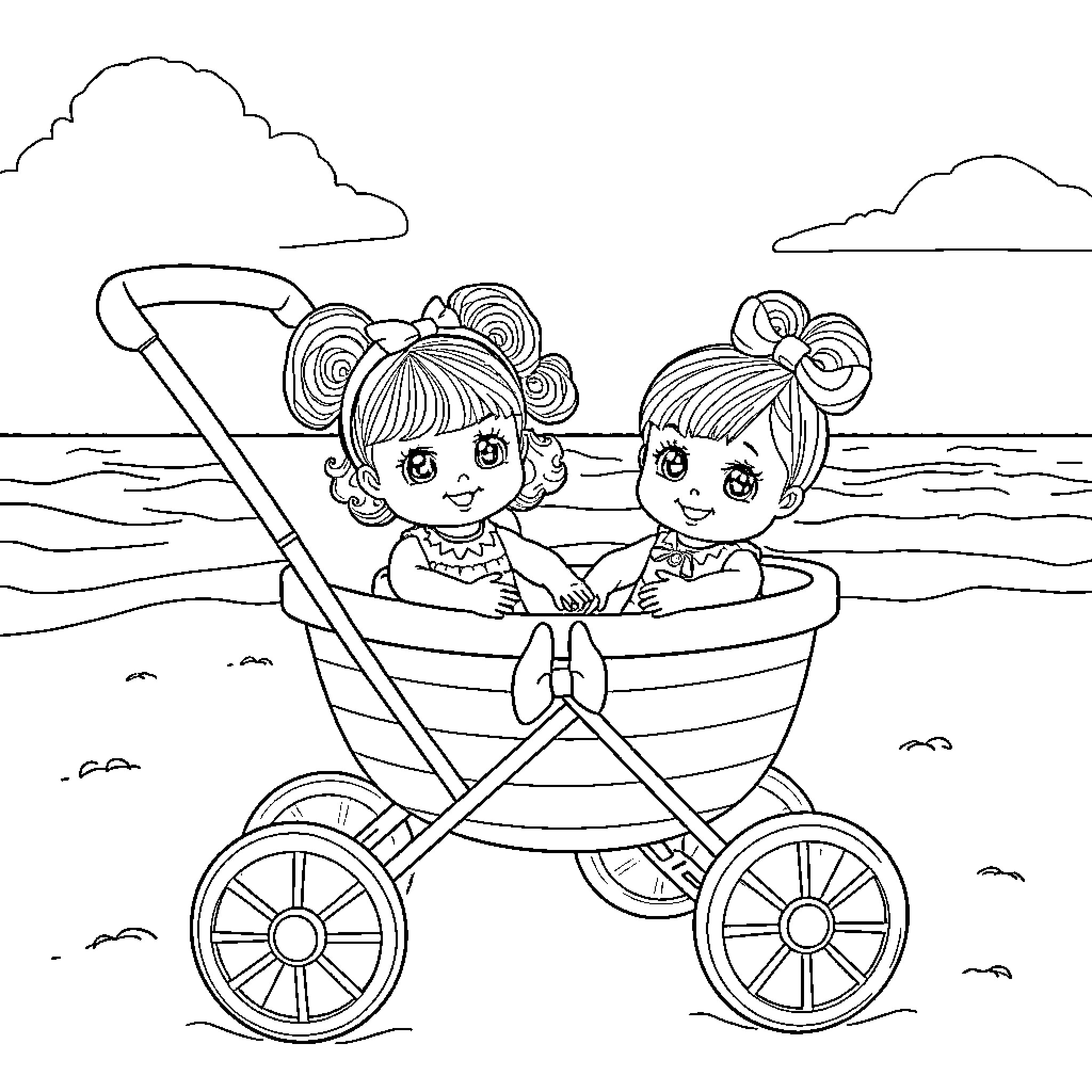 Baby Alive Dolls in Toy Wagon by the Sea Coloring Page (free black-and-white line drawing printable PDF for all, from beginners to advanced learners, including children, teens, adults, and seniors)