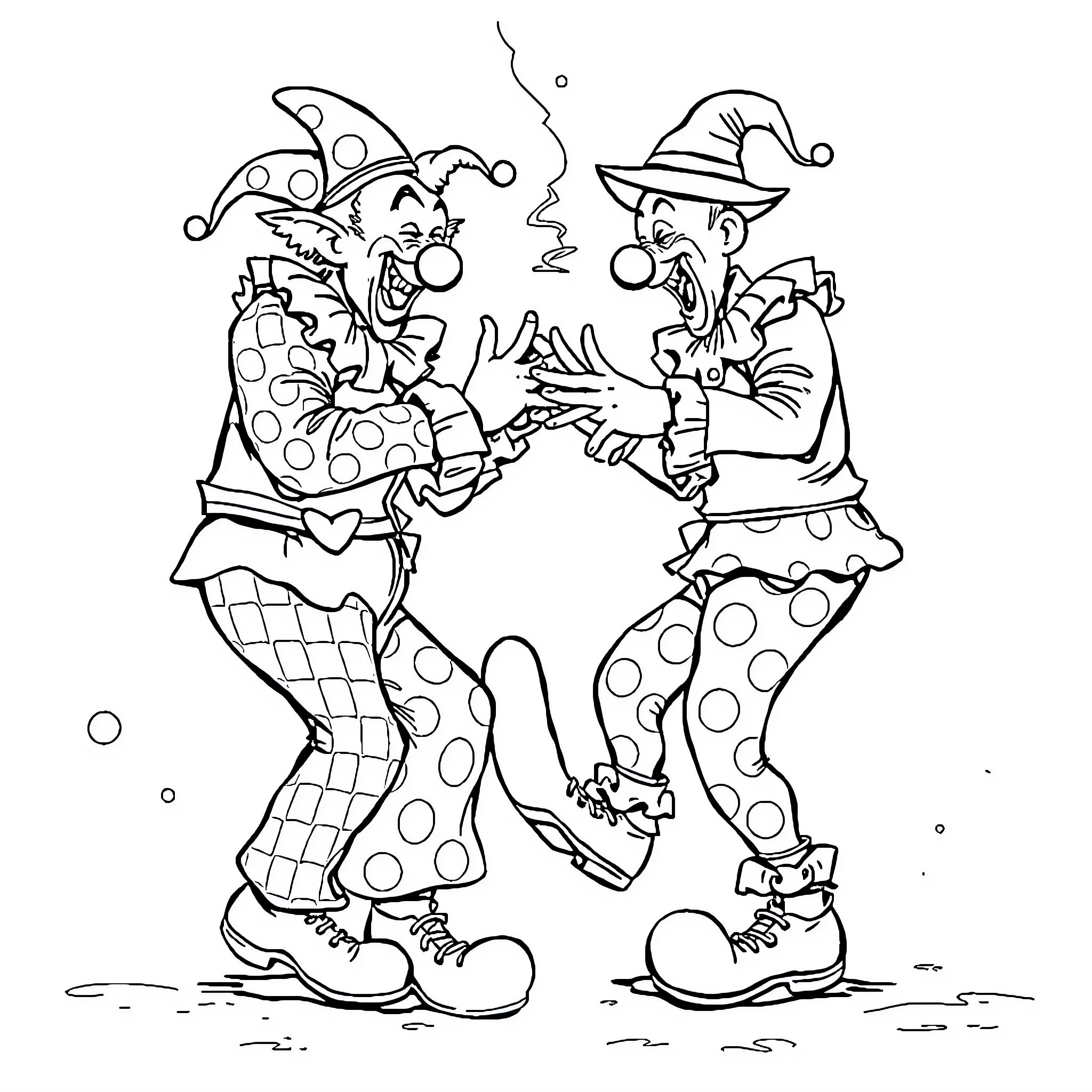 Clowns in comedic interaction and attire Coloring Page (free black-and-white line drawing printable PDF for all, from beginners to advanced learners, including children, teens, adults, and seniors)