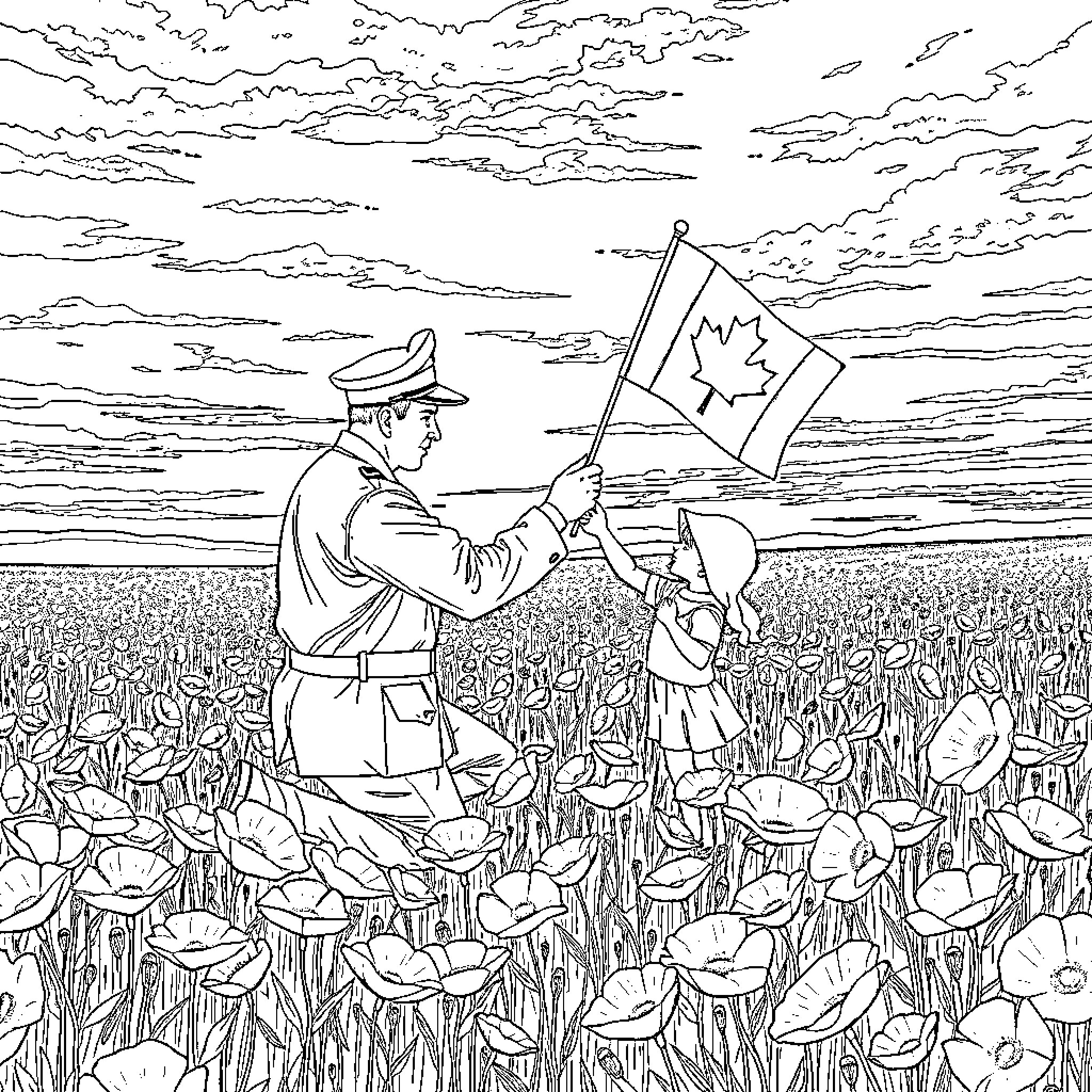 Veteran leading troops in a field of flowers Coloring Page (free black-and-white line drawing printable PDF for all, from beginners to advanced learners, including children, teens, adults, and seniors)
