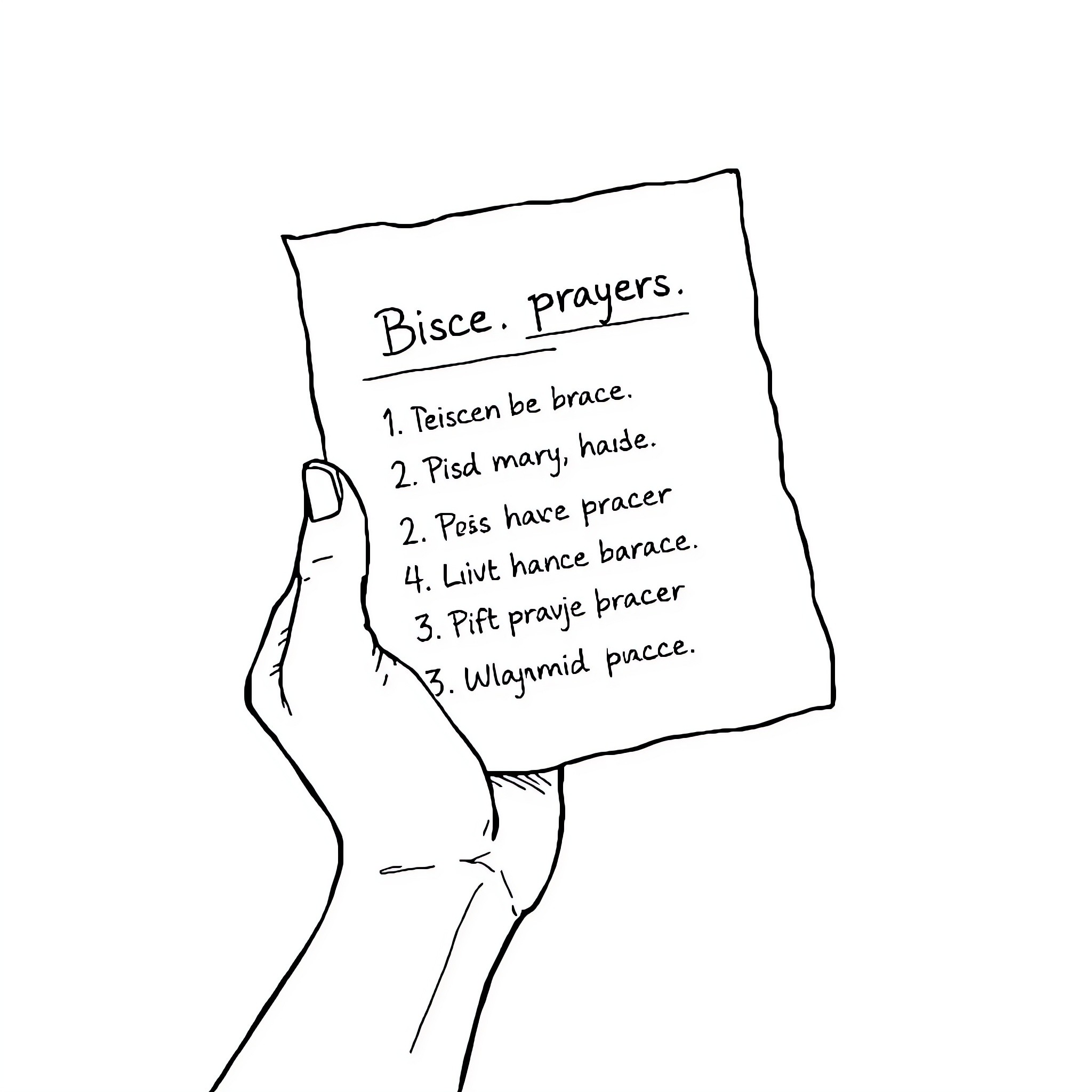 Hand holding a list of prayers Coloring Page (free black-and-white line drawing printable PDF for all, from beginners to advanced learners, including children, teens, adults, and seniors)
