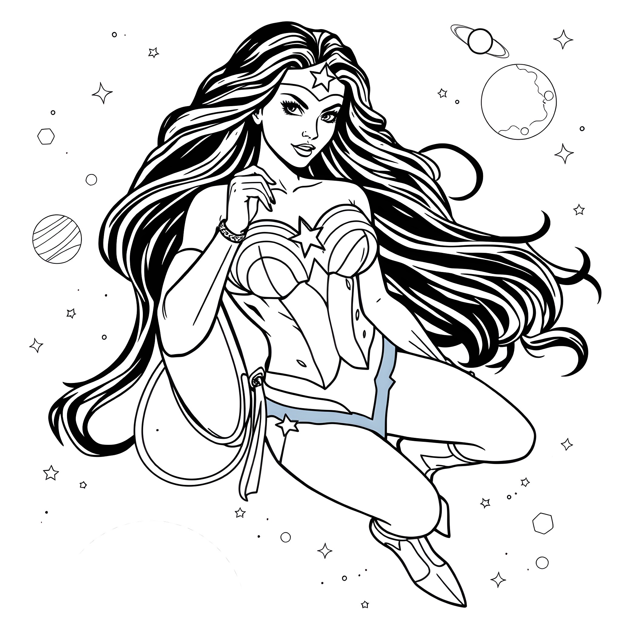 Wonder Woman in cosmic adventure Coloring Page (free black-and-white line drawing printable PDF for all, from beginners to advanced learners, including children, teens, adults, and seniors)