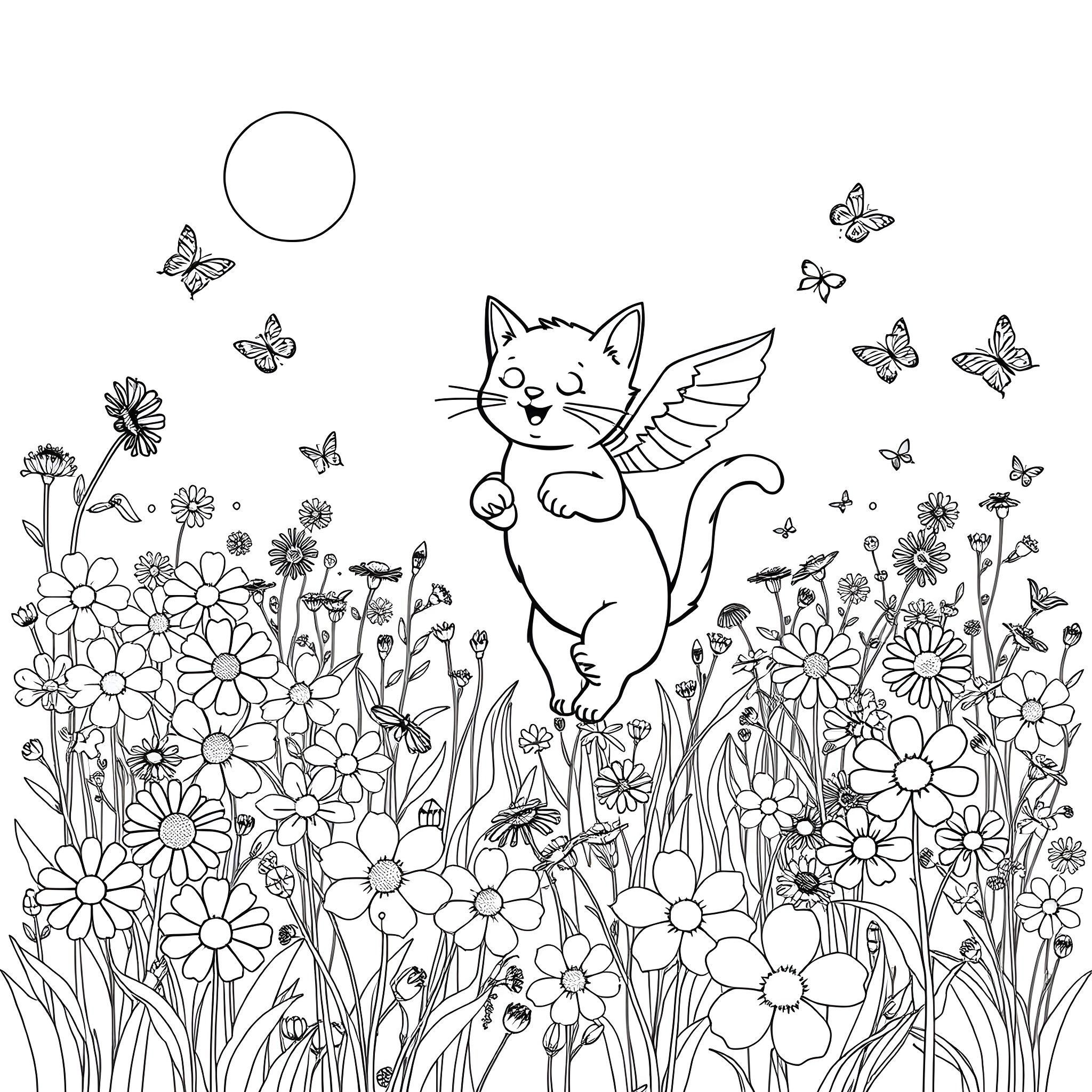 Cat with wings enjoying nature amidst flowers and butterflies Coloring Page (free black-and-white line drawing printable PDF for all, from beginners to advanced learners, including children, teens, adults, and seniors)