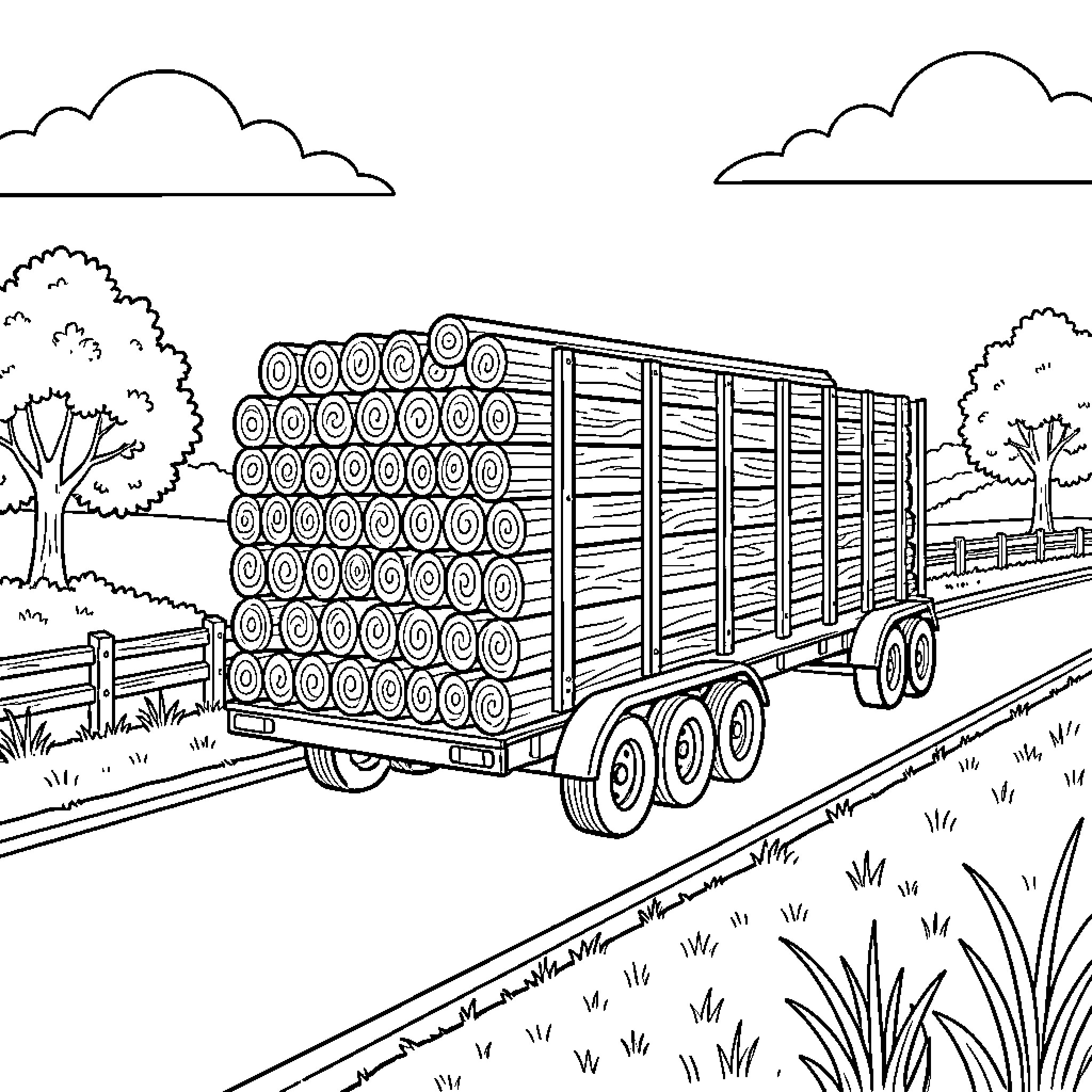 Trailer loaded with wooden logs on the country road Coloring Page (free black-and-white line drawing printable PDF for all, from beginners to advanced learners, including children, teens, adults, and seniors)