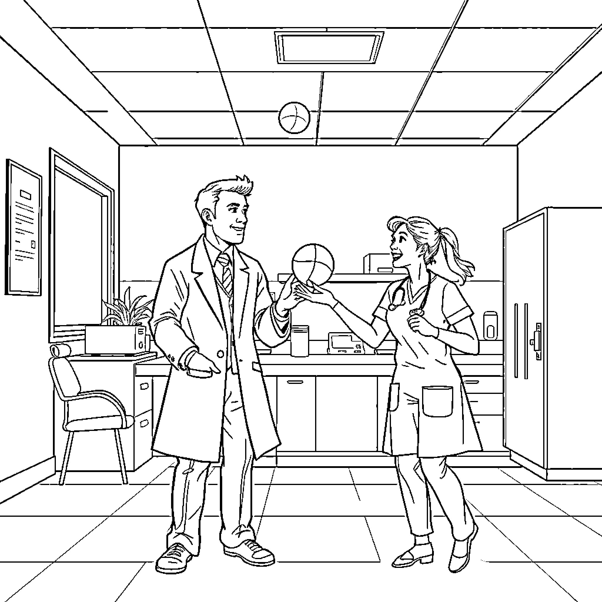 Doctor Consulting with Patient in Medical Office Coloring Page (free black-and-white line drawing printable PDF for all, from beginners to advanced learners, including children, teens, adults, and seniors)
