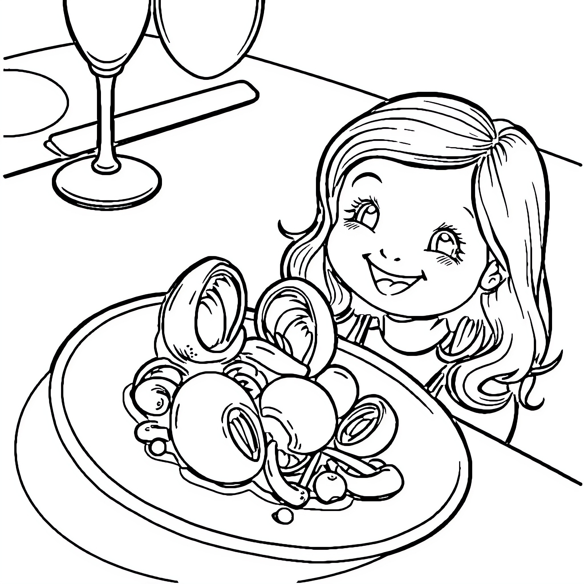 Escargot dining with a cheerful woman Coloring Page (free black-and-white line drawing printable PDF for all, from beginners to advanced learners, including children, teens, adults, and seniors)