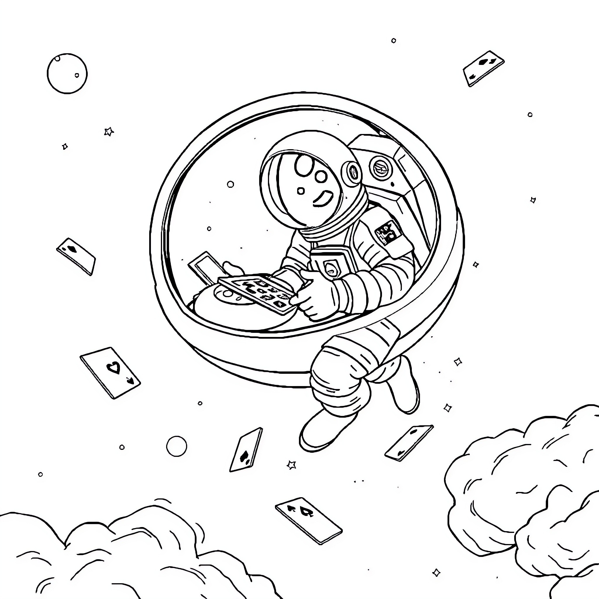 Astronaut playing video games in space Coloring Page (free black-and-white line drawing printable PDF for all, from beginners to advanced learners, including children, teens, adults, and seniors)