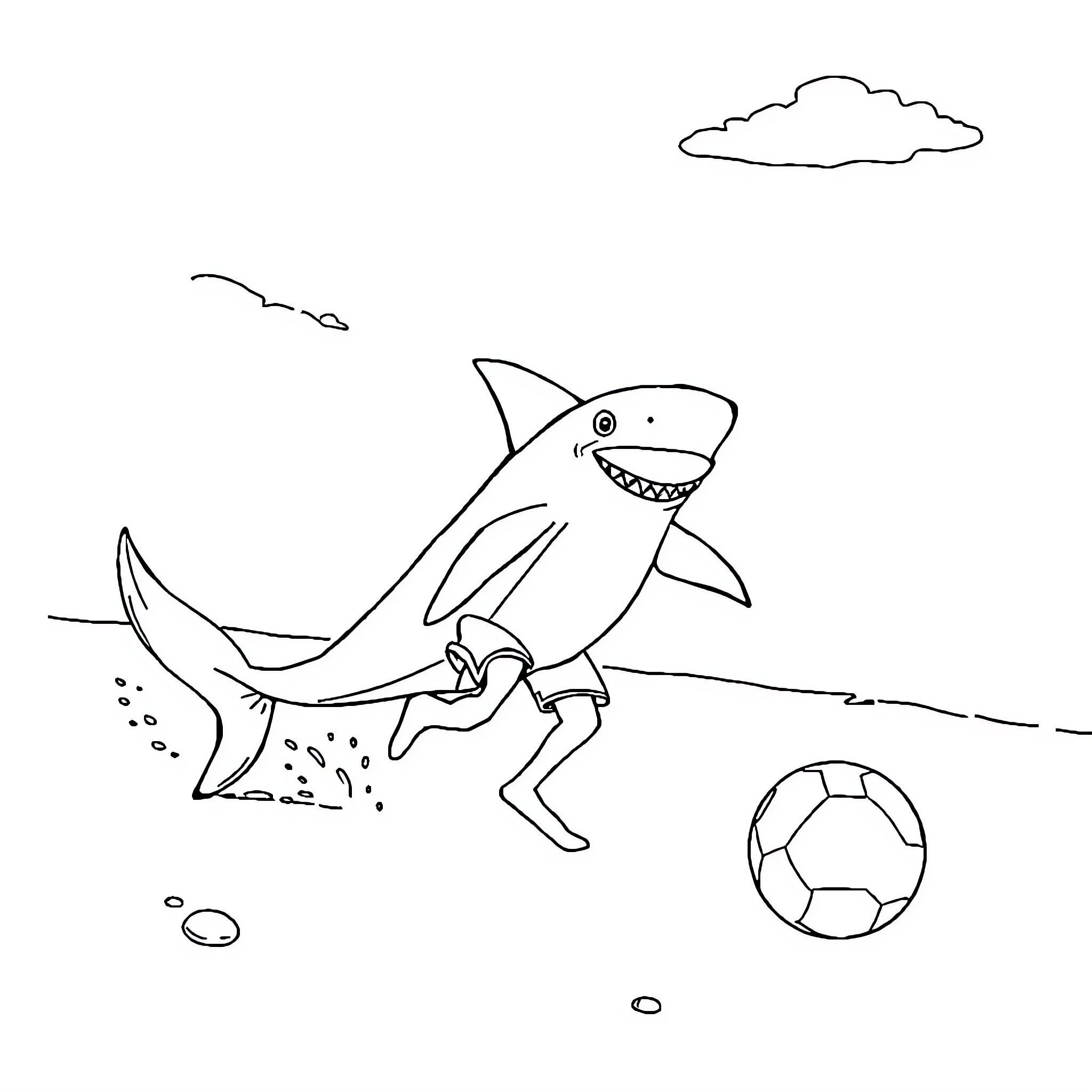 Shark playing with soccer ball on beach Coloring Page (free black-and-white line drawing printable PDF for all, from beginners to advanced learners, including children, teens, adults, and seniors)