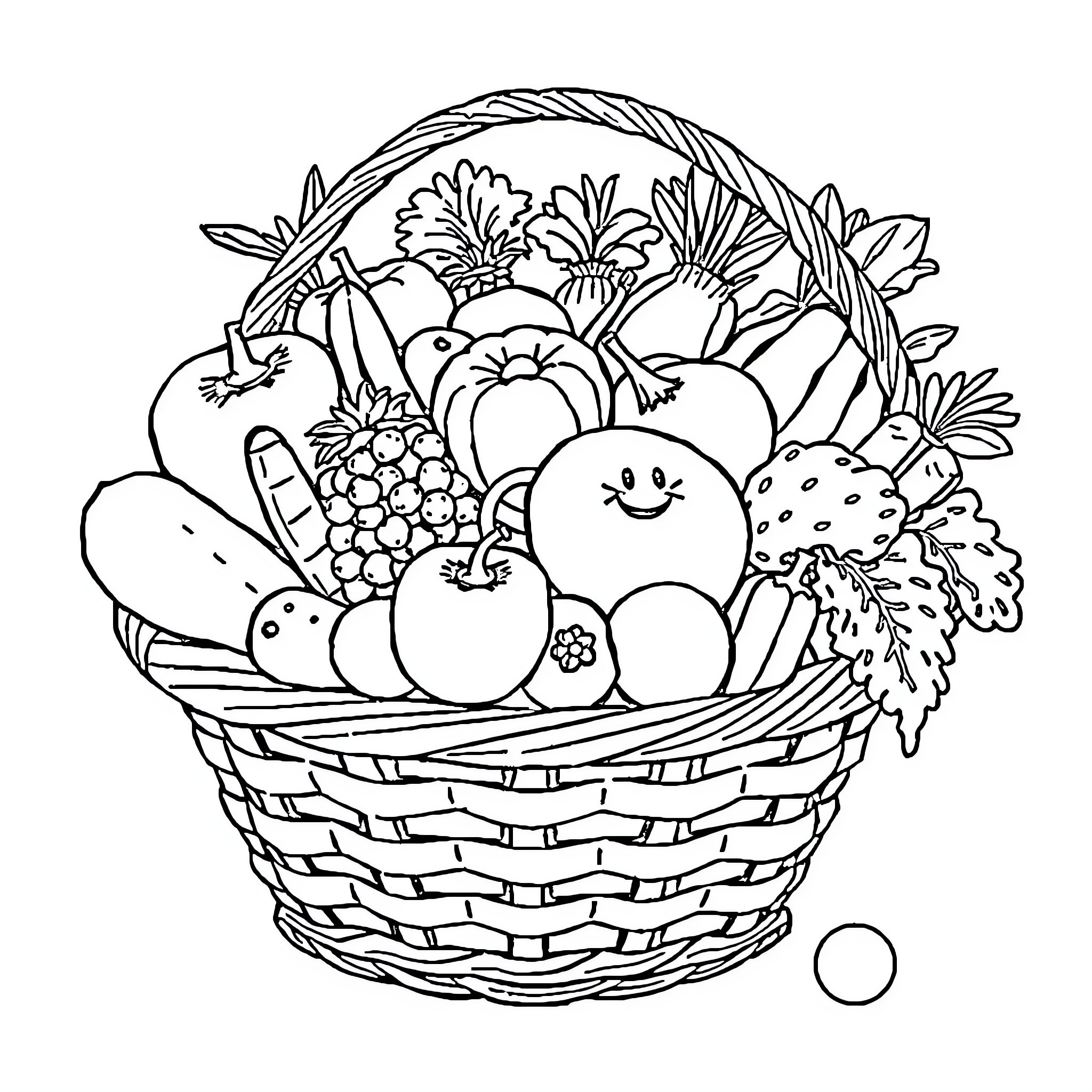 Fruit Basket Brimming with Colorful Produce Coloring Page (free black-and-white line drawing printable PDF for all, from beginners to advanced learners, including children, teens, adults, and seniors)