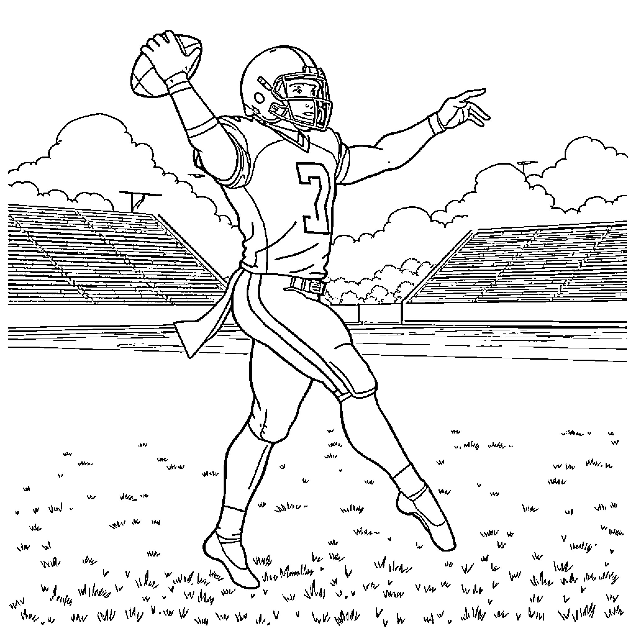 Football Player Celebrating a Victory on the Field Coloring Page (free black-and-white line drawing printable PDF for all, from beginners to advanced learners, including children, teens, adults, and seniors)