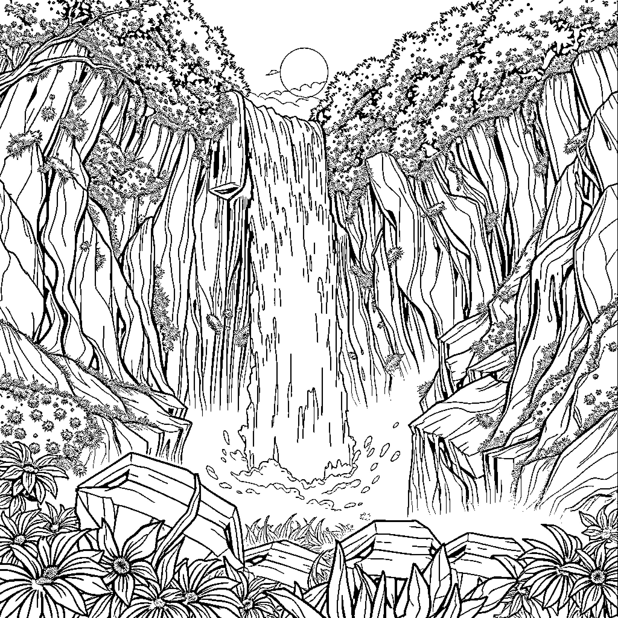 Lobezno's Enchanted Waterfall Adventure Coloring Page (free black-and-white line drawing printable PDF for all, from beginners to advanced learners, including children, teens, adults, and seniors)
