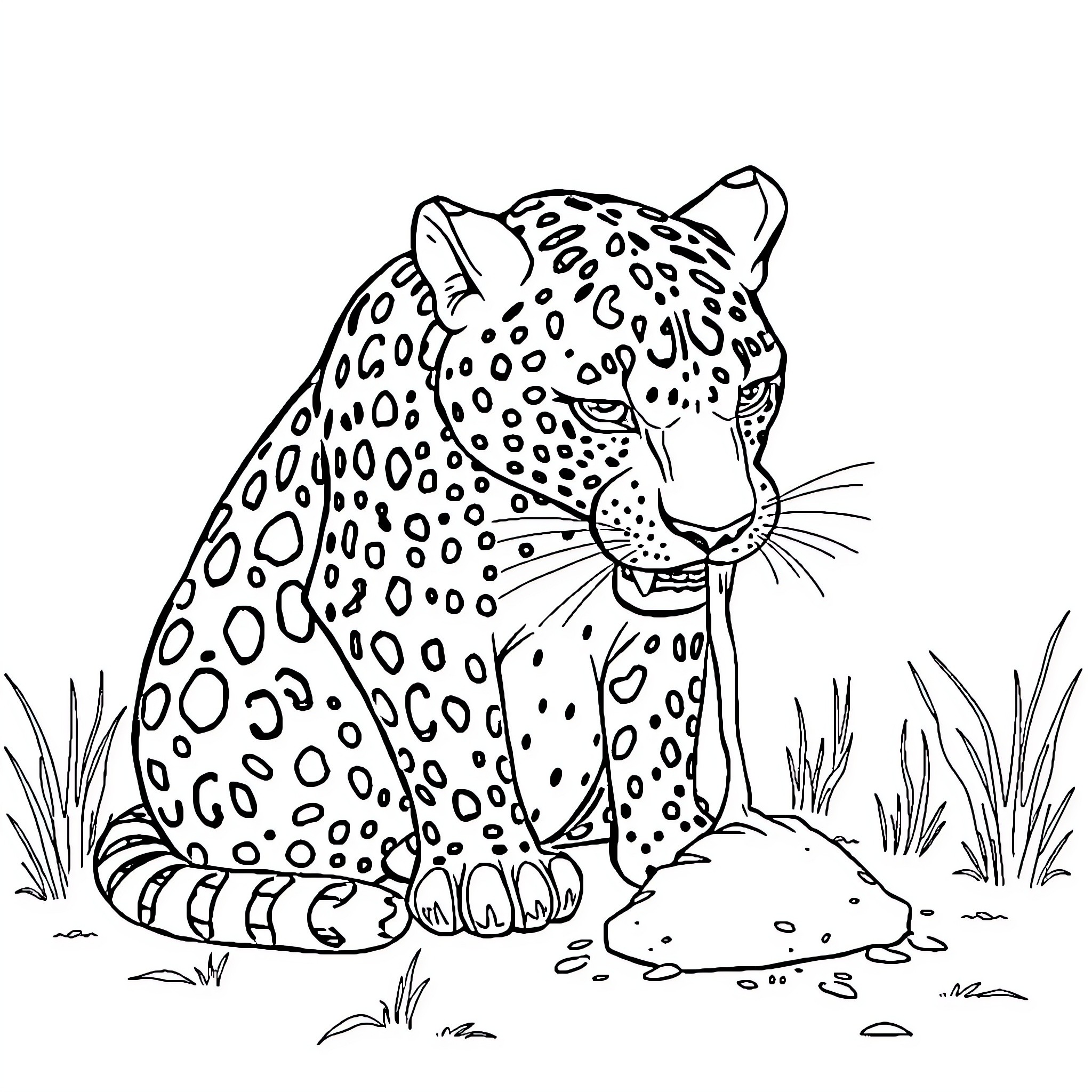 Leopard resting in the wild grass Coloring Page (free black-and-white line drawing printable PDF for all, from beginners to advanced learners, including children, teens, adults, and seniors)