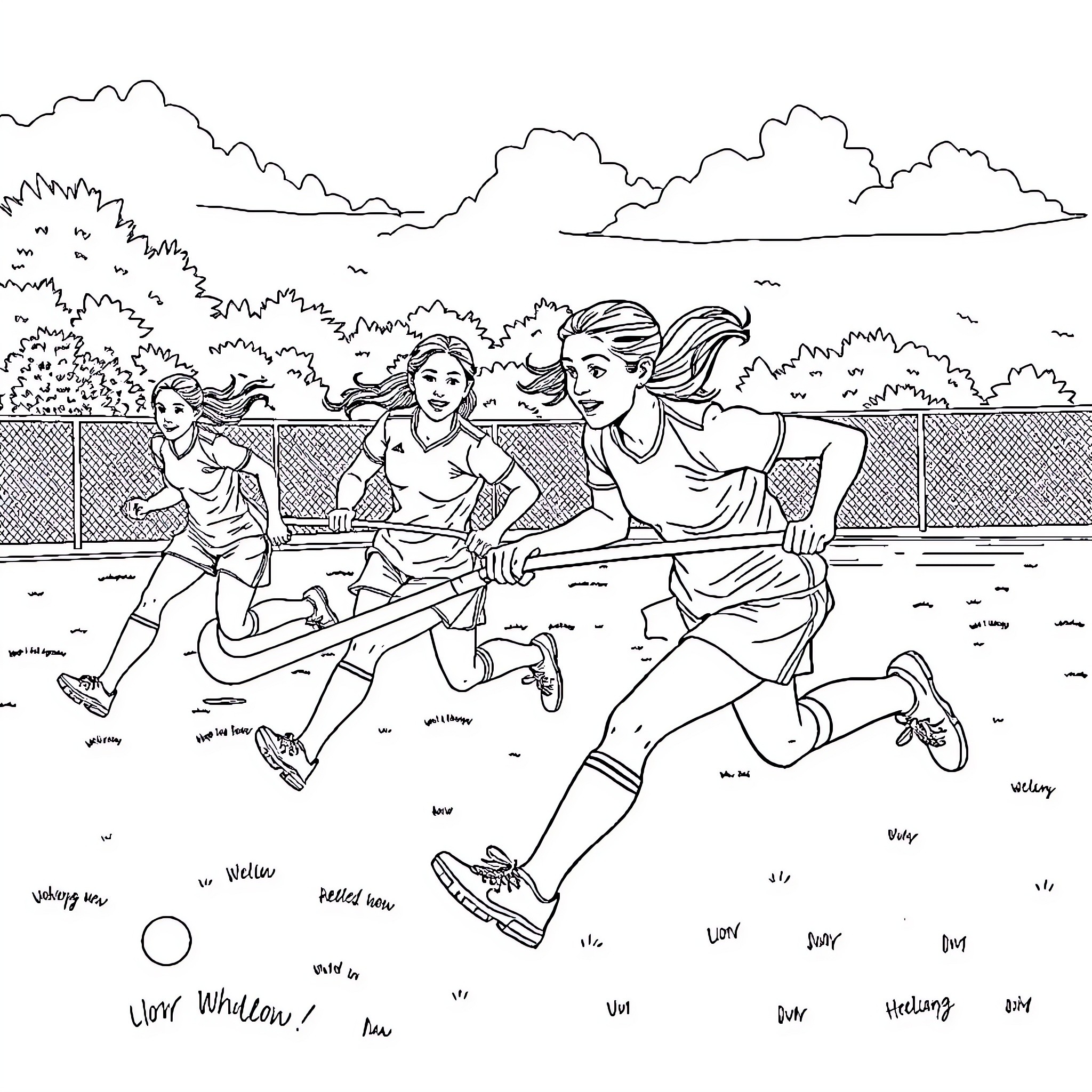 Rumi playing soccer with friends in the park Coloring Page (free black-and-white line drawing printable PDF for all, from beginners to advanced learners, including children, teens, adults, and seniors)