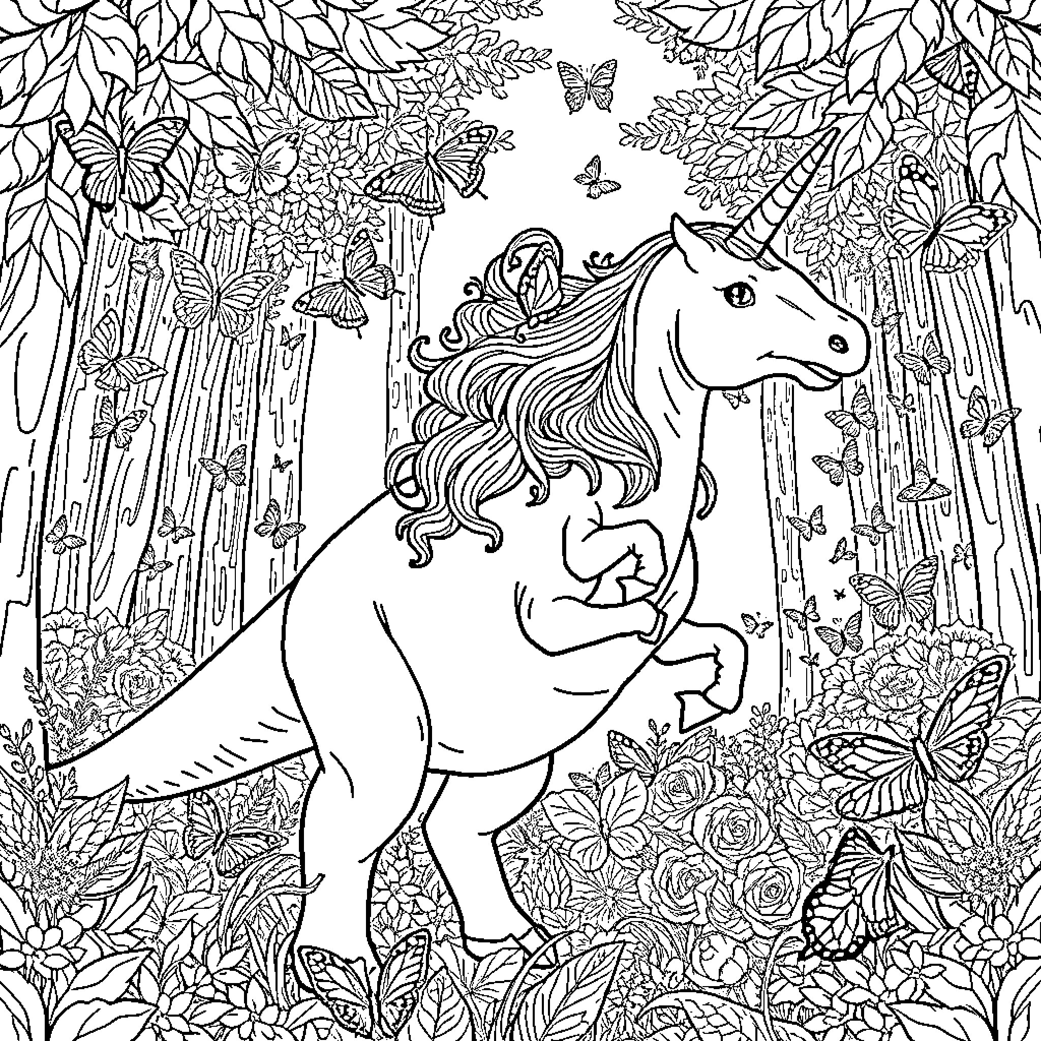 Unicorn in magical forest with butterflies Coloring Page (free black-and-white line drawing printable PDF for all, from beginners to advanced learners, including children, teens, adults, and seniors)