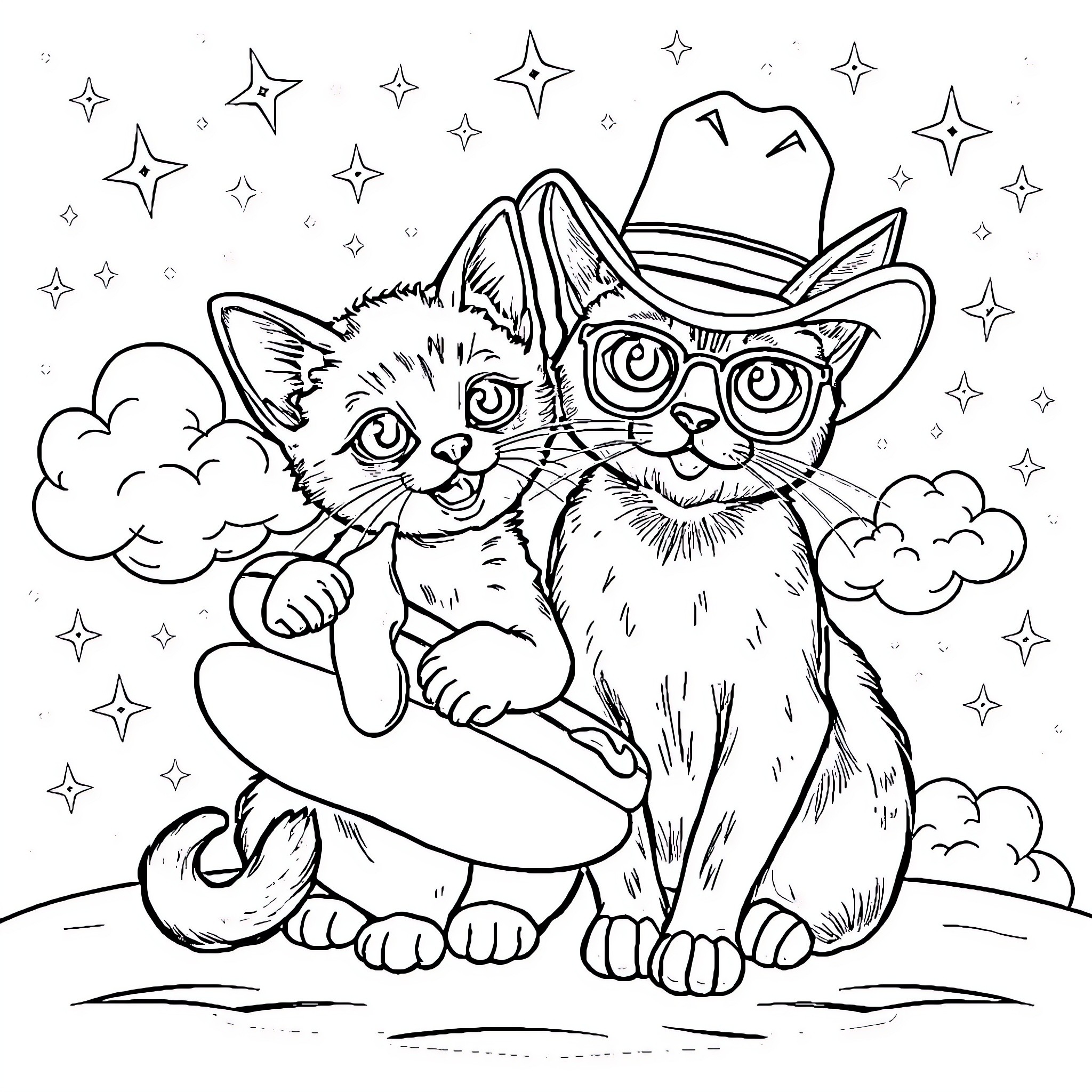 Siamese Cats Adorned in Whimsical Attire Coloring Page (free black-and-white line drawing printable PDF for all, from beginners to advanced learners, including children, teens, adults, and seniors)