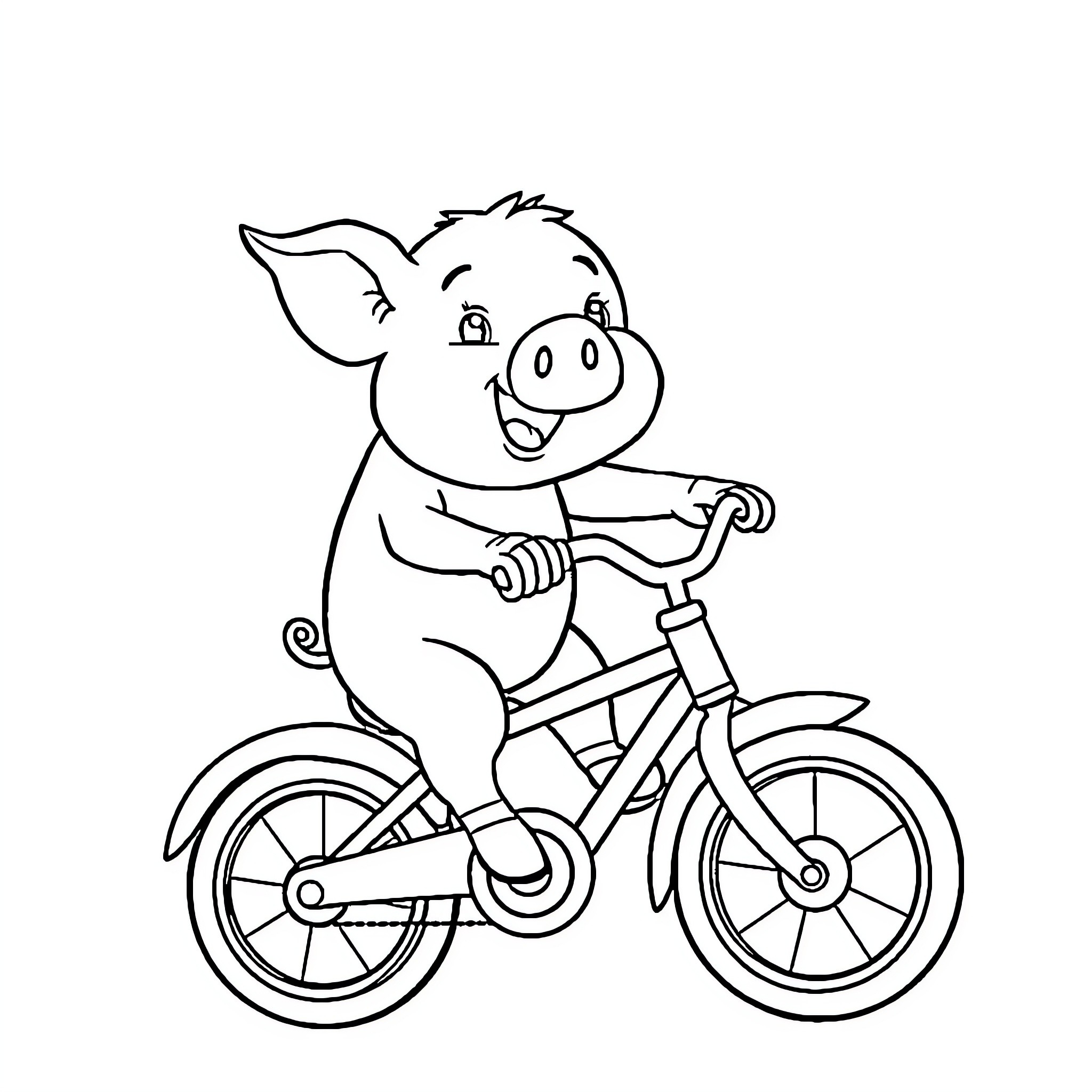 Pig riding a bicycle cheerfully Coloring Page (free black-and-white line drawing printable PDF for all, from beginners to advanced learners, including children, teens, adults, and seniors)