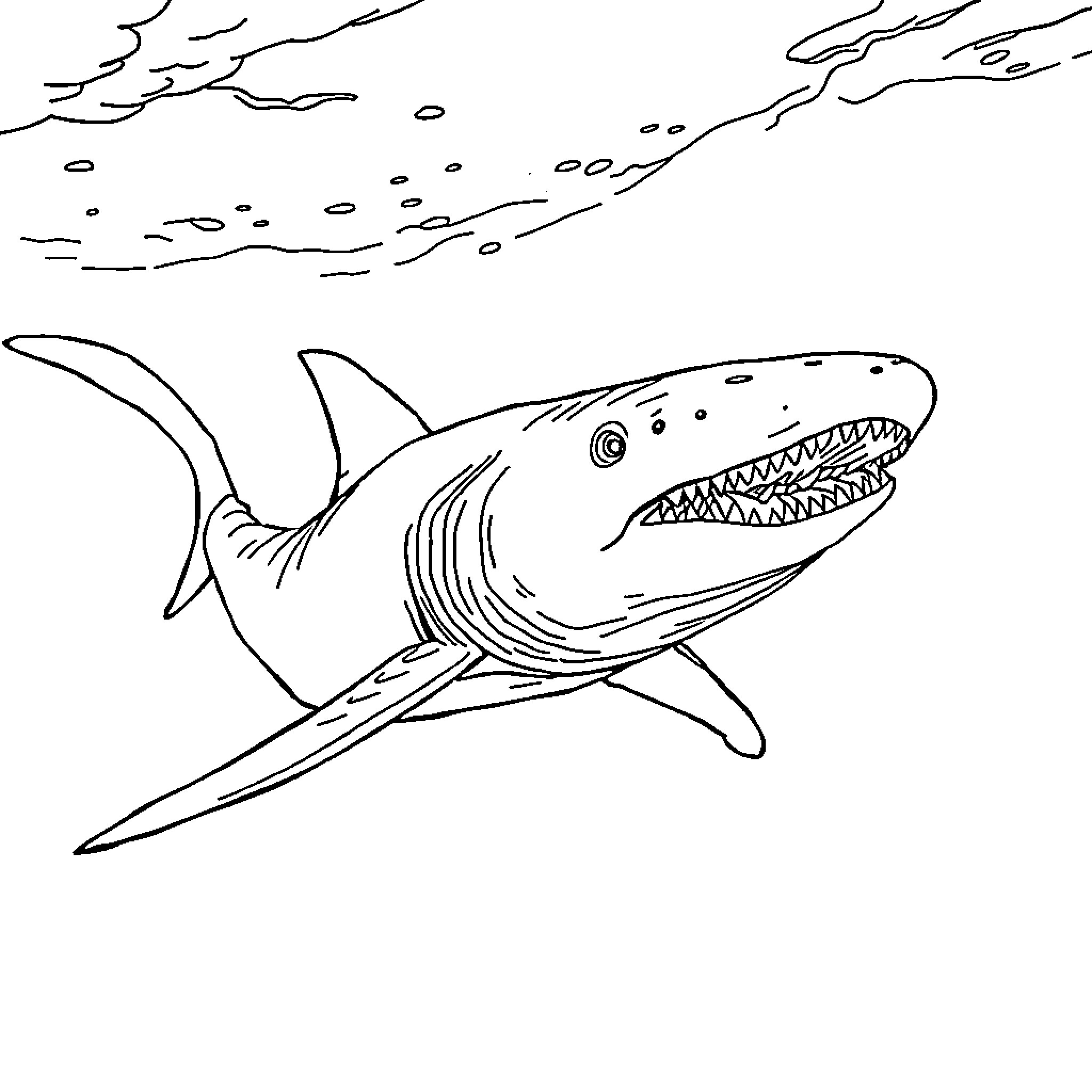 Mosasaurus hunting in the ocean Coloring Page (free black-and-white line drawing printable PDF for all, from beginners to advanced learners, including children, teens, adults, and seniors)