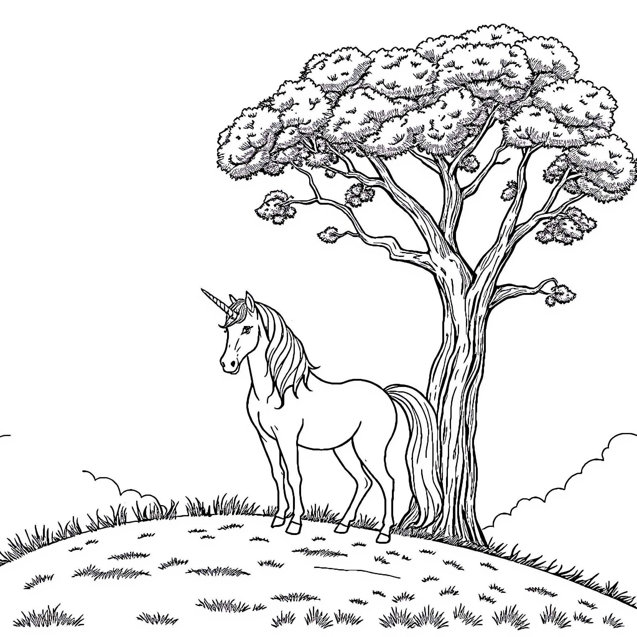 Unicorn standing under a majestic tree Coloring Page (free black-and-white line drawing printable PDF for all, from beginners to advanced learners, including children, teens, adults, and seniors)